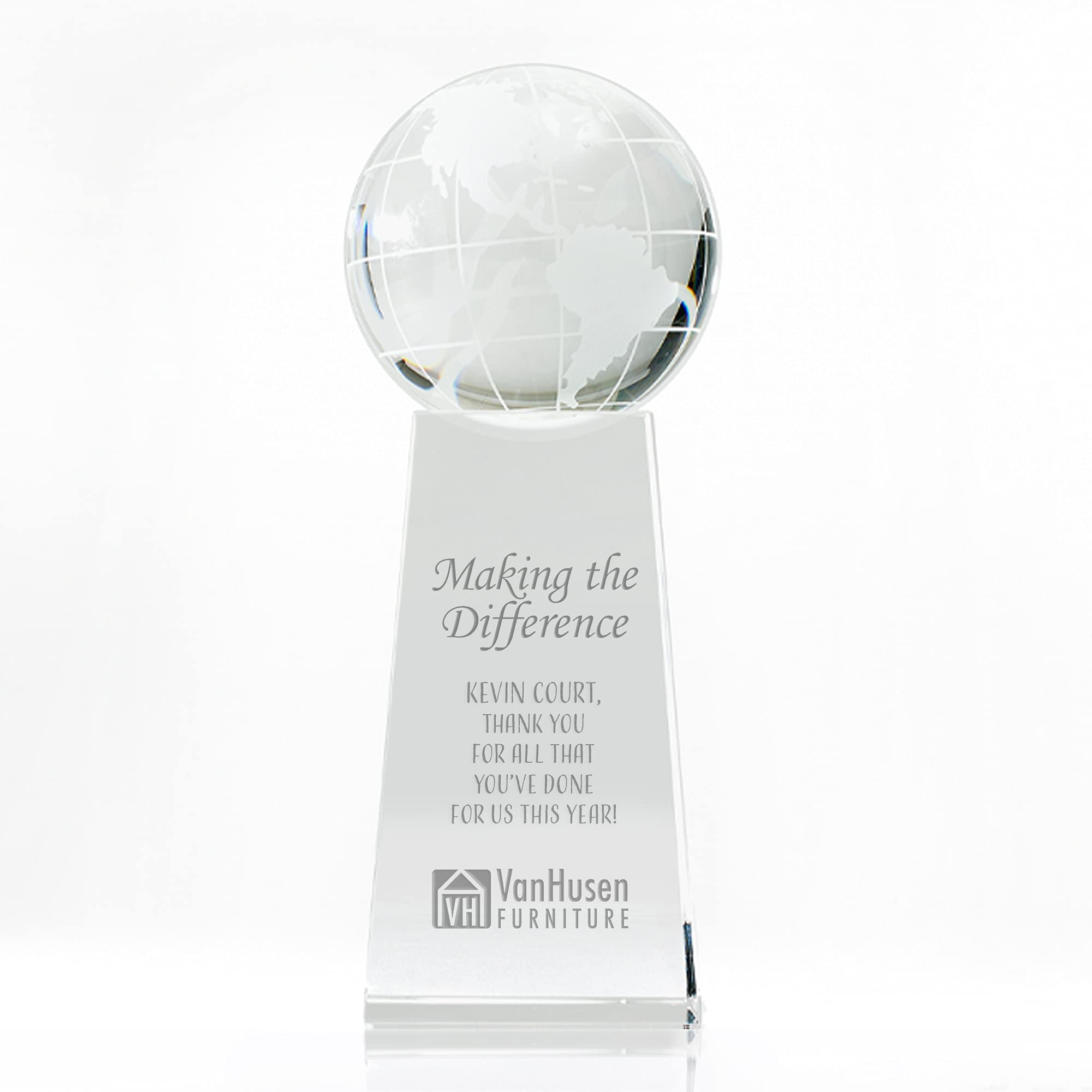 Custom Engraved Crystal Trophy Award for Employees - Executive Recognition Gift with Stately Globe on Rectangular Base - Perfect for Corporate Awards, Retirement Gifts & Achievement Celebrations