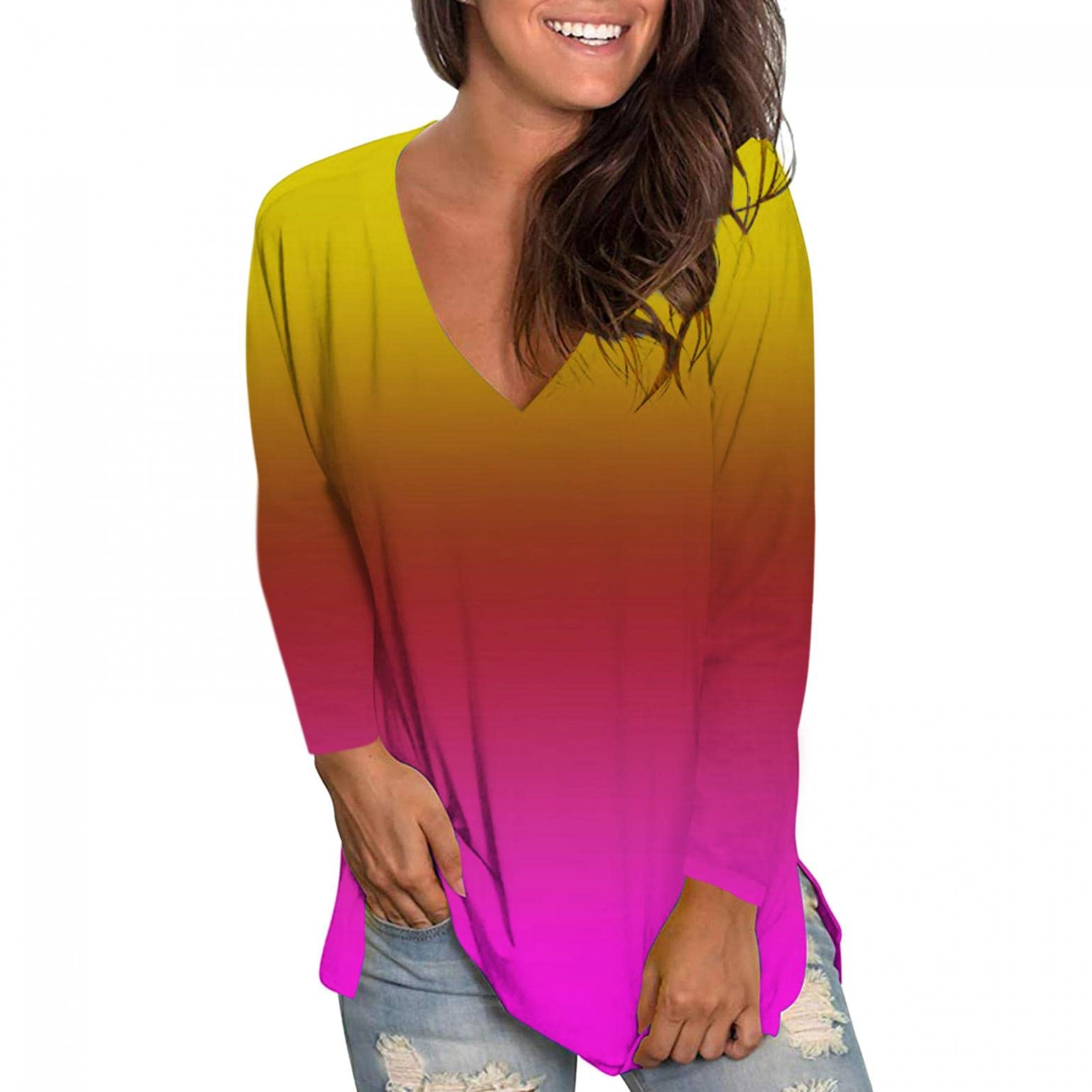 Women's Summer V-Neck Short Sleeve T-Shirts - Drop Tail Hem Relaxed Fit Casual Blouses & Tees | Perfect for Beach Outings, Weekend Wear & Everyday Comfort