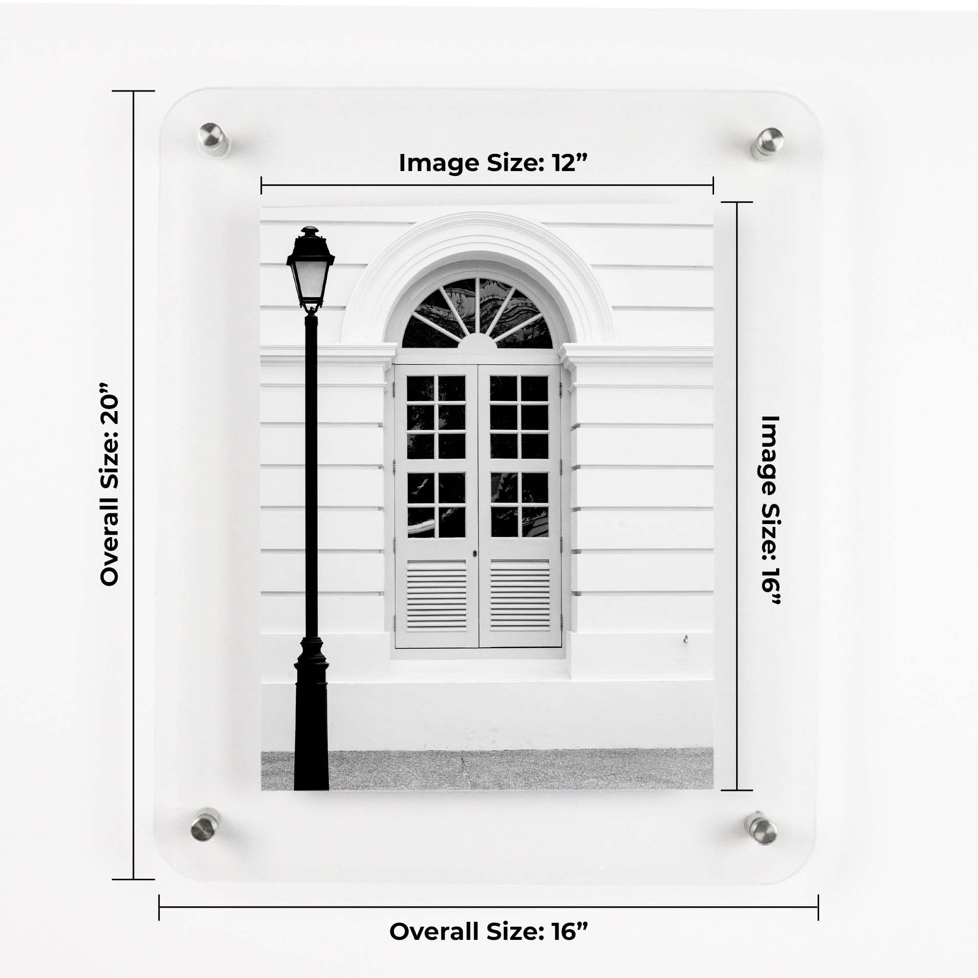 12x16 Floating Acrylic Picture Frame with Silver Standoff Hardware - Clear Frameless Wall Mount Display for Photos & Art (16x20 Overall Size) - Perfect for Home Decor, Office Display, and Gallery Style Presentations