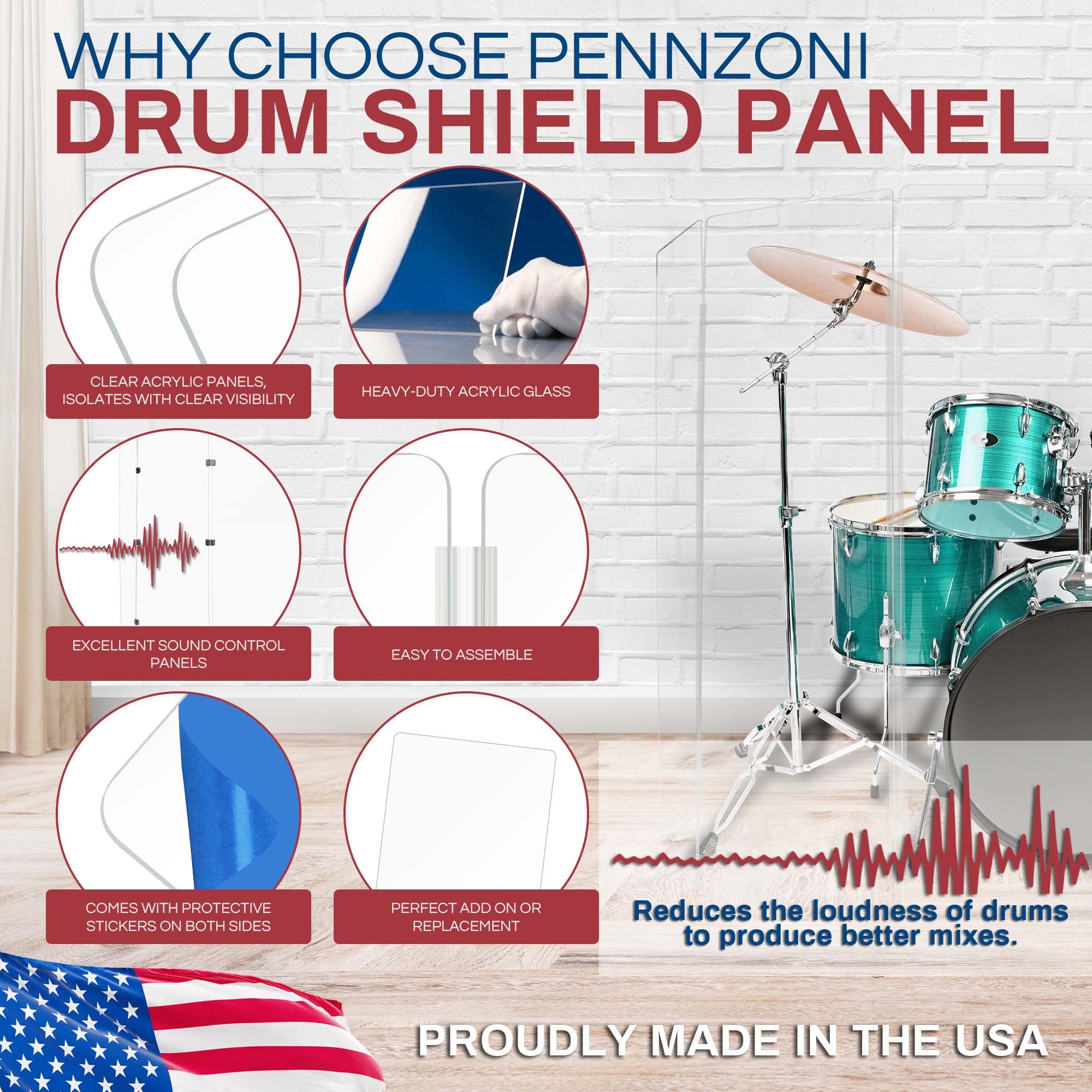 6ft Drum Shield with Plastic Hinges - Clear Acrylic Panel for Noise Reduction | Drum Screen for Home Studios, Live Performances & Practice Rooms