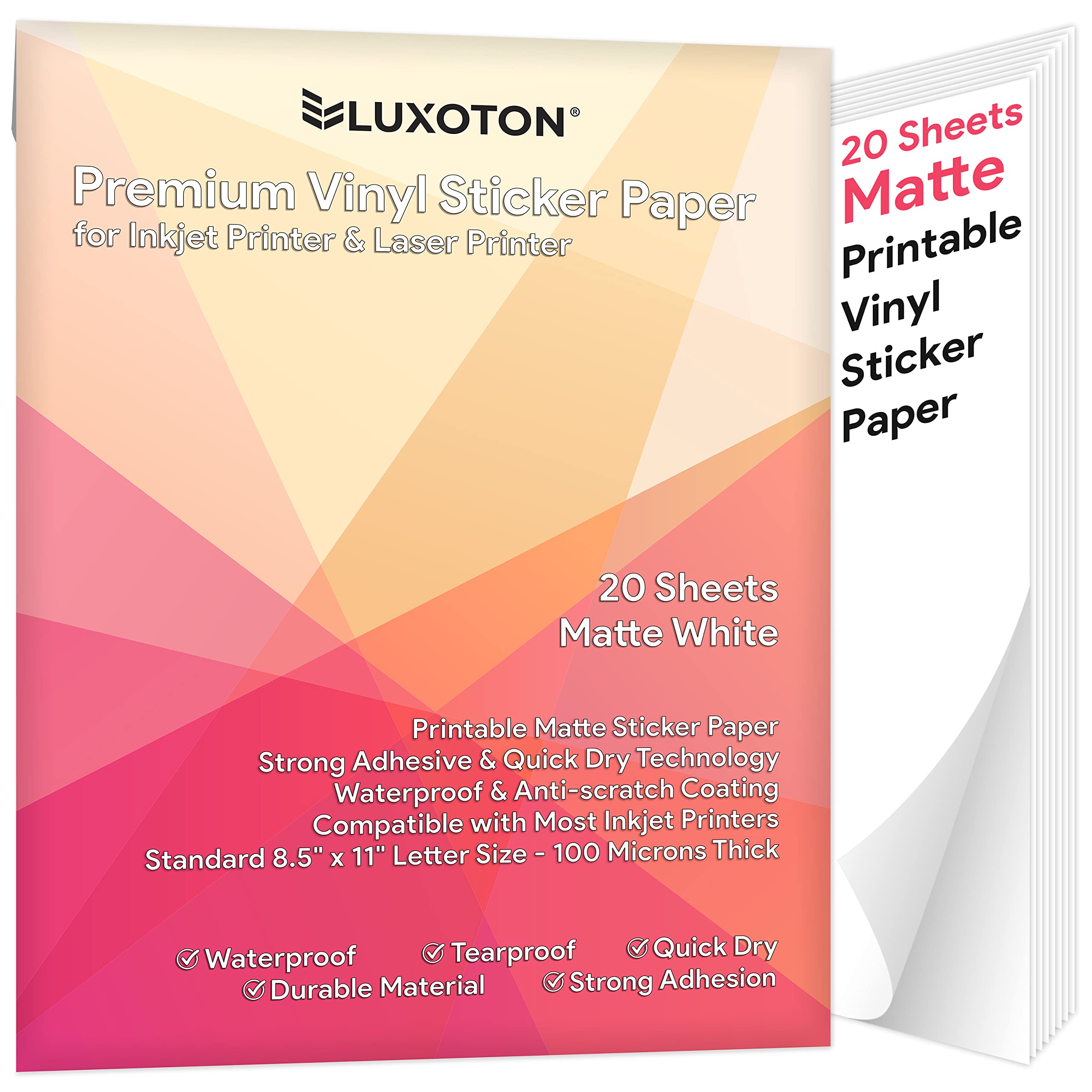 Premium Printable Vinyl Sticker Paper for Inkjet & Laser Printers - 20 Sheets Matte Waterproof Sticker Paper (8.5