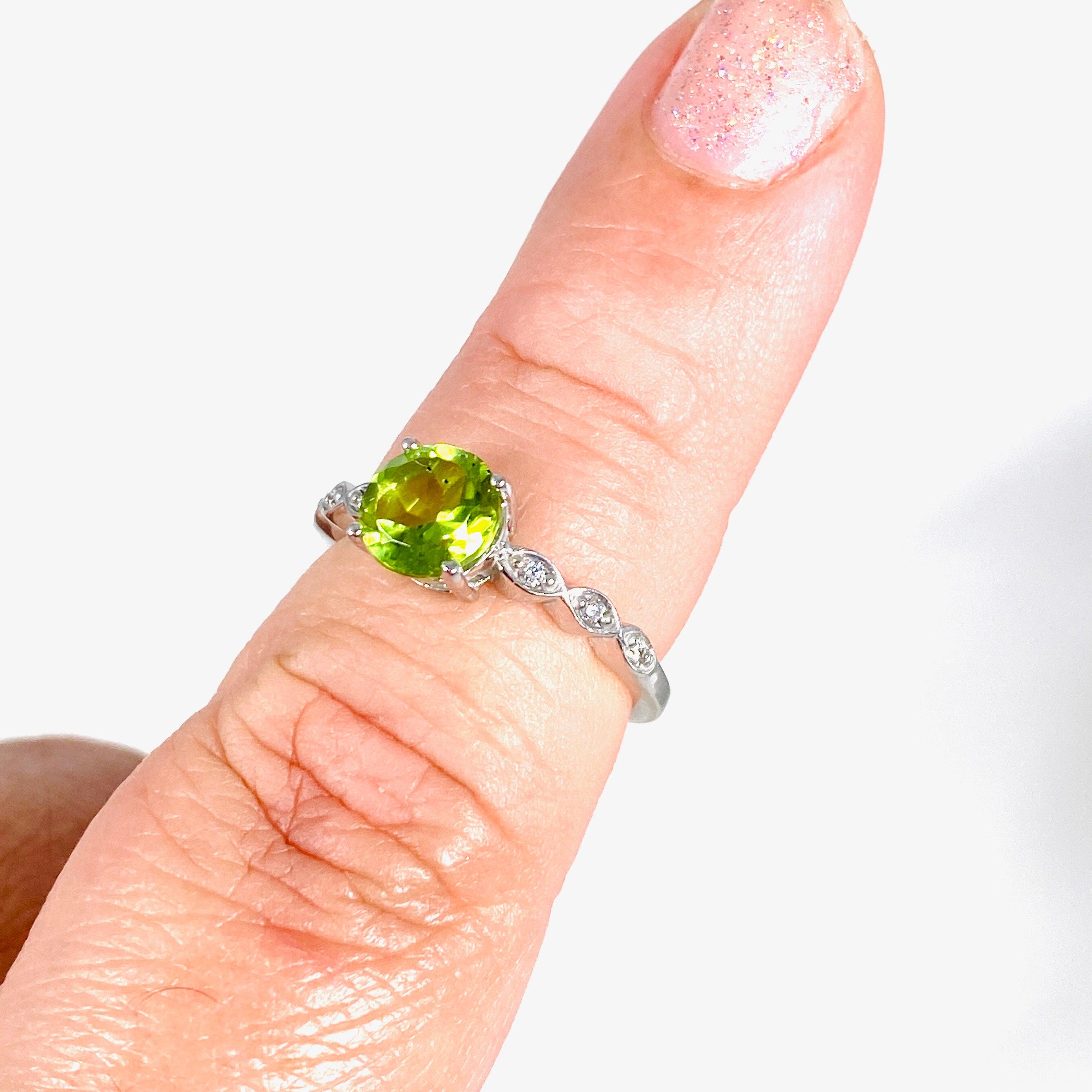 Peridot Round Faceted Ring with CZ Stones - 925 Sterling Silver Jewelry for Women - Perfect for Engagement, Wedding & Everyday Wear