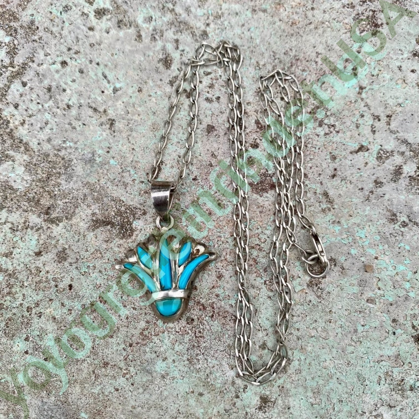 Turquoise Inlay Sterling Silver Pendant Necklace with Chain - Elegant Boho Jewelry for Women, Perfect for Casual Wear, Parties & Gifts