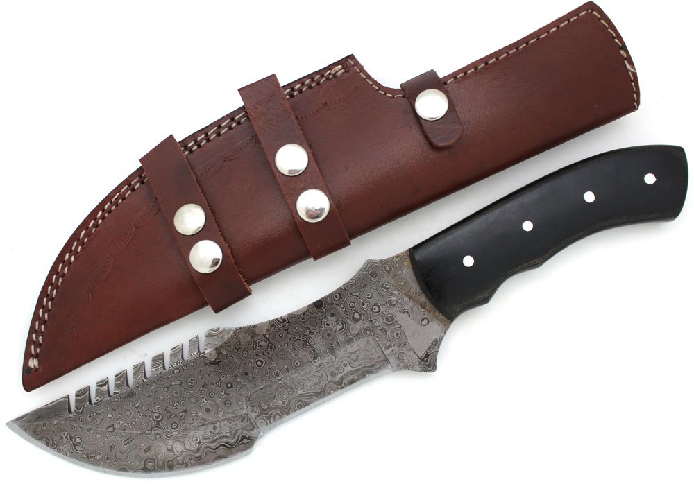Wild Turkey Damascus Steel Hunting Knife with Leather Sheath for Camping Fishing