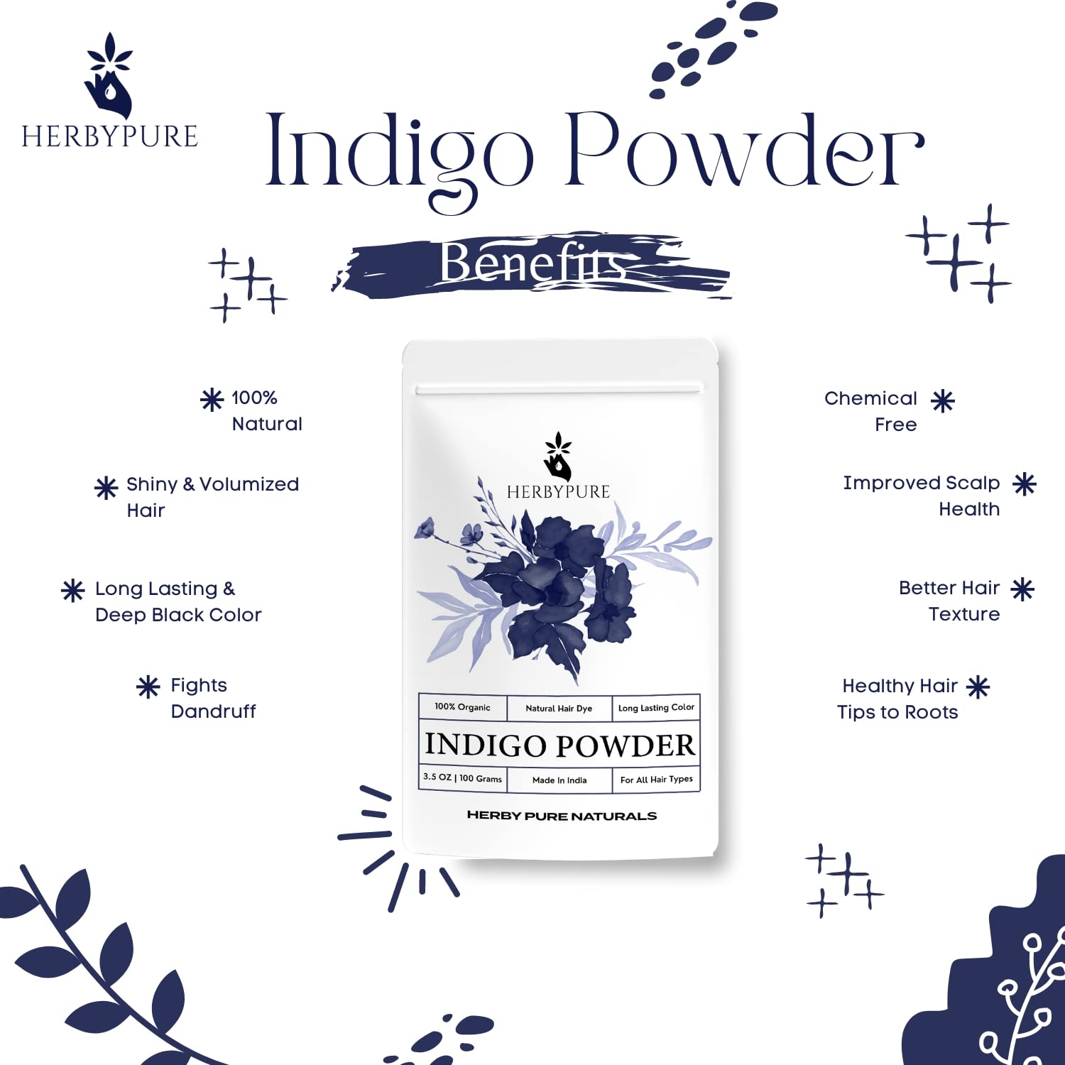 Herby Pure Organic Indigo Powder for Black Hair - 100g Natural Hair Dye with Free Applicator, Gloves & Hair Net | DIY Hair Coloring at Home, Safe & Chemical-Free