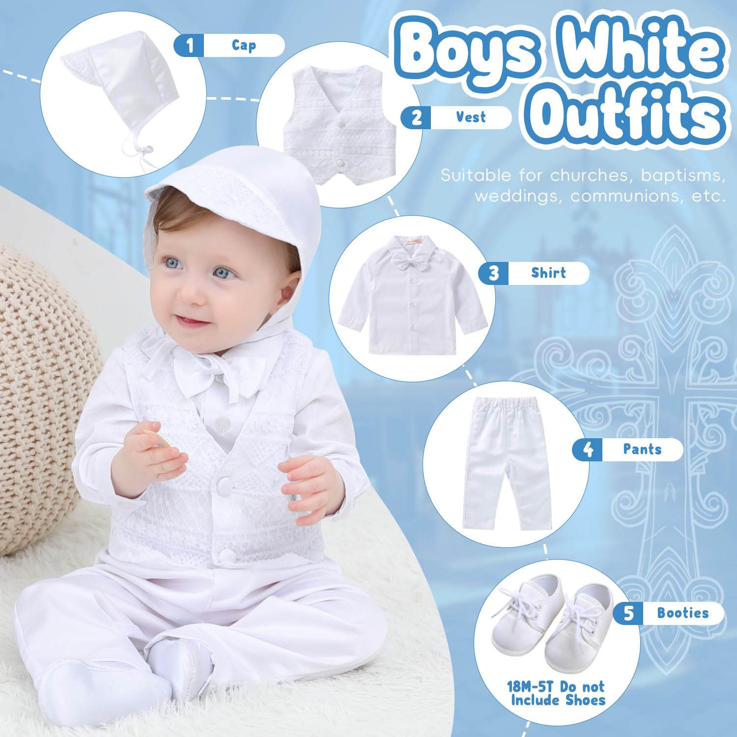 Booulfi Baby Boy Christening Outfit - White Baptism Suit with Dress Shirt & Pants - Perfect for Christening, Baptism, First Communion & Special Occasions