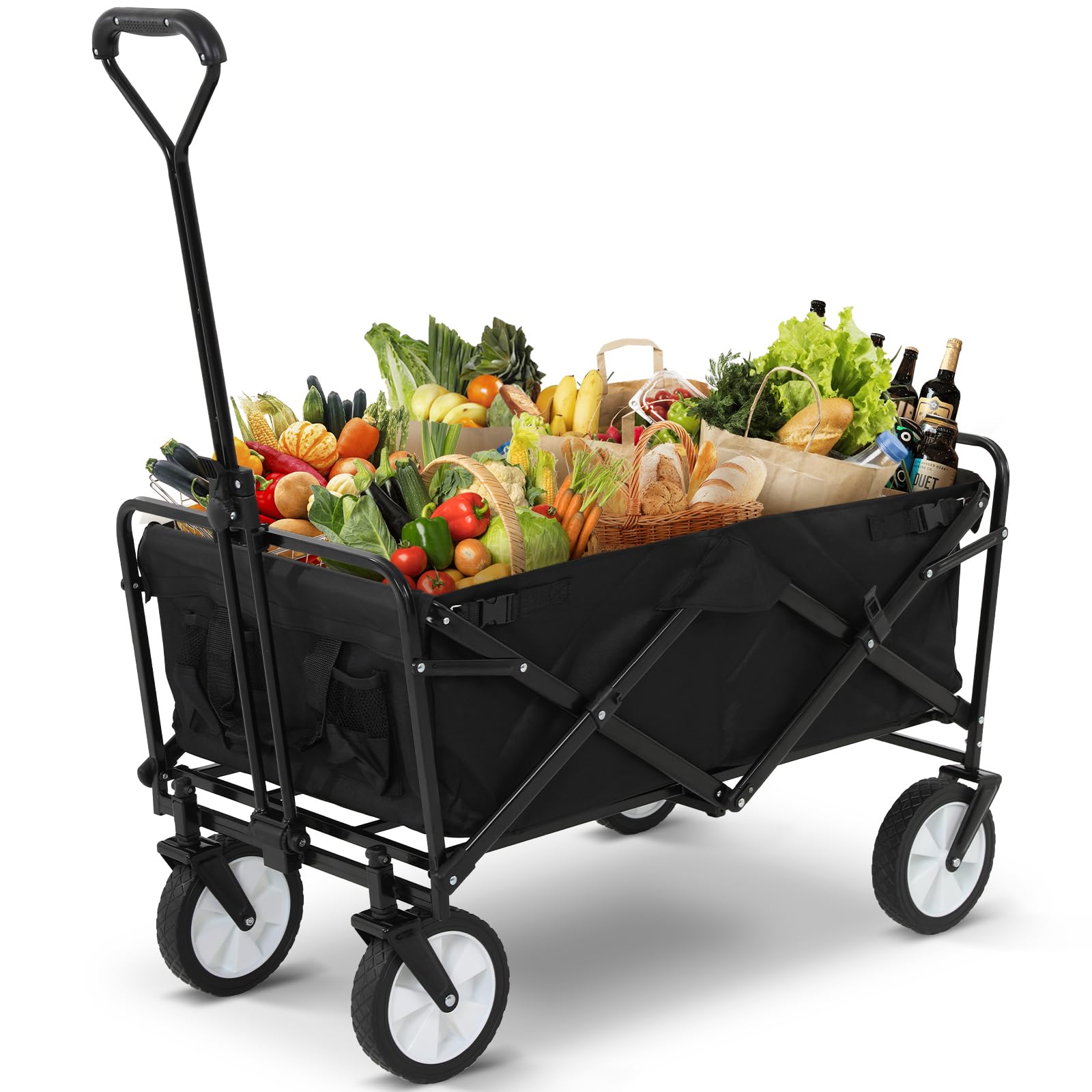 Foldable Utility Wagon Cart with Adjustable Handle - Heavy Duty Collapsible Grocery Cart on Wheels for Sports, Camping, Beach, Outdoor & Garden Use - Perfect for Shopping, Picnics, Tailgating and Family Outings (Black)