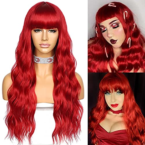 SAPPHIREWIGS 22 Inch Long Wavy Red Synthetic Wig with Bangs for Women - Heat Resistant, Natural Look, Perfect for Daily Wear, Parties & Cosplay - Soft & Comfortable Synthetic Fiber Replacement Hair