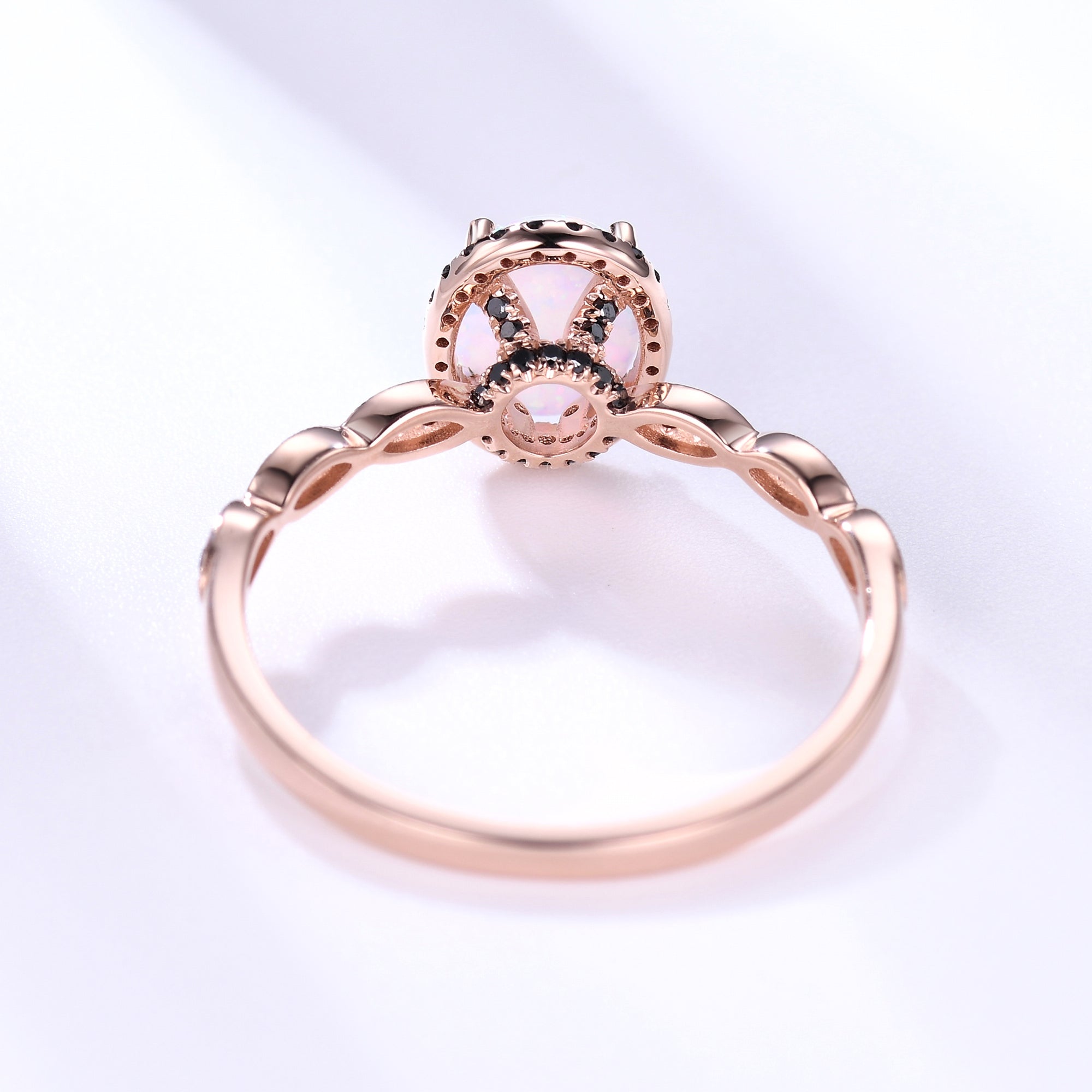 Exquisite Art Deco Opal & Black Diamond Engagement Ring in Rose Gold with Milgrain Detailing - Perfect for Vintage-Inspired Wedding Proposals & Anniversary Gifts