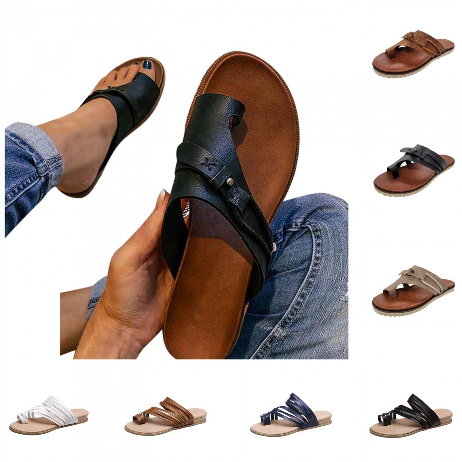 FABIURT Women's Flat Sandals - Comfortable Roman Beach Shoes with Bunion Correction, Open Toe Casual Sandals for Summer Walking, Travel & Outdoor Activities