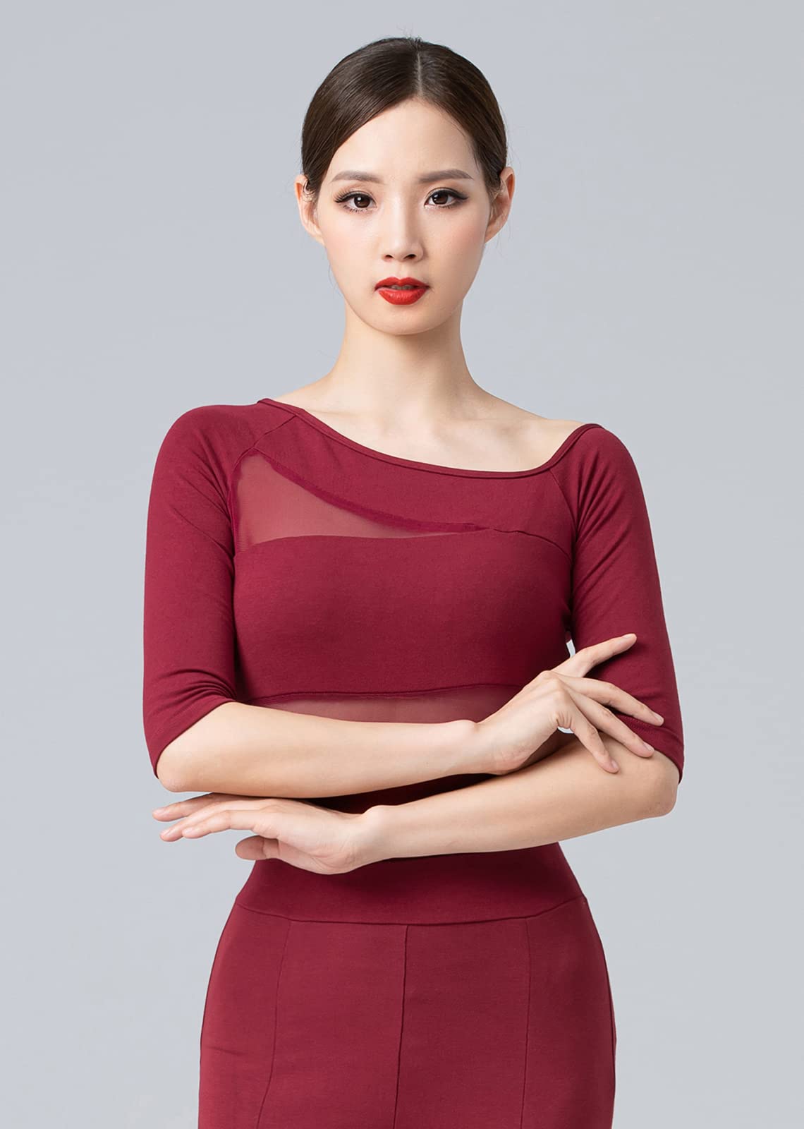 Sexy Women's Dance Tops - Oblique Shoulder 1/2 Sleeve Ballroom Latin Yoga Crop Top Shirt for Women | Perfect for Salsa, Zumba, Performance & Fitness Workouts