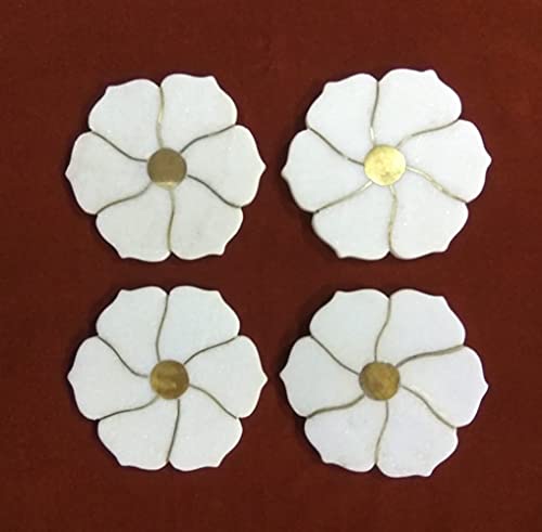 White Marble Coasters Set with Golden Brass Strips - 5 Inch Diameter Inlay Tea Coasters for Drinks, Tableware & Bar Accessories - Elegant Dining Table Decor for Home, Office & Gifts (Ready to Ship)