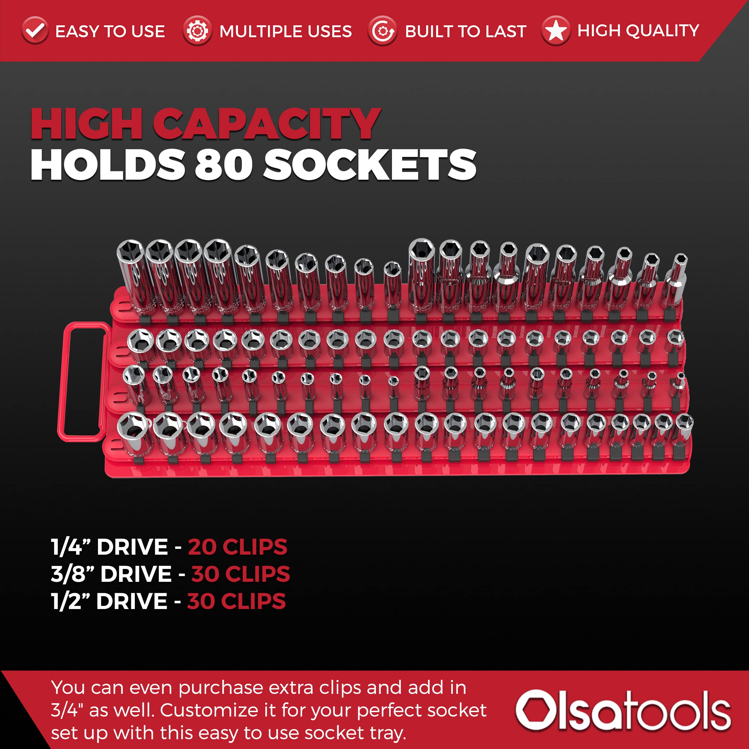 Olsa Tools Portable Socket Organizer Tray with Red Rails & Black Clips - Heavy Duty Socket Holder for 80 Sockets | Premium Quality Tool Storage Solution | Perfect for Mechanics, DIY Enthusiasts & Garage Organization