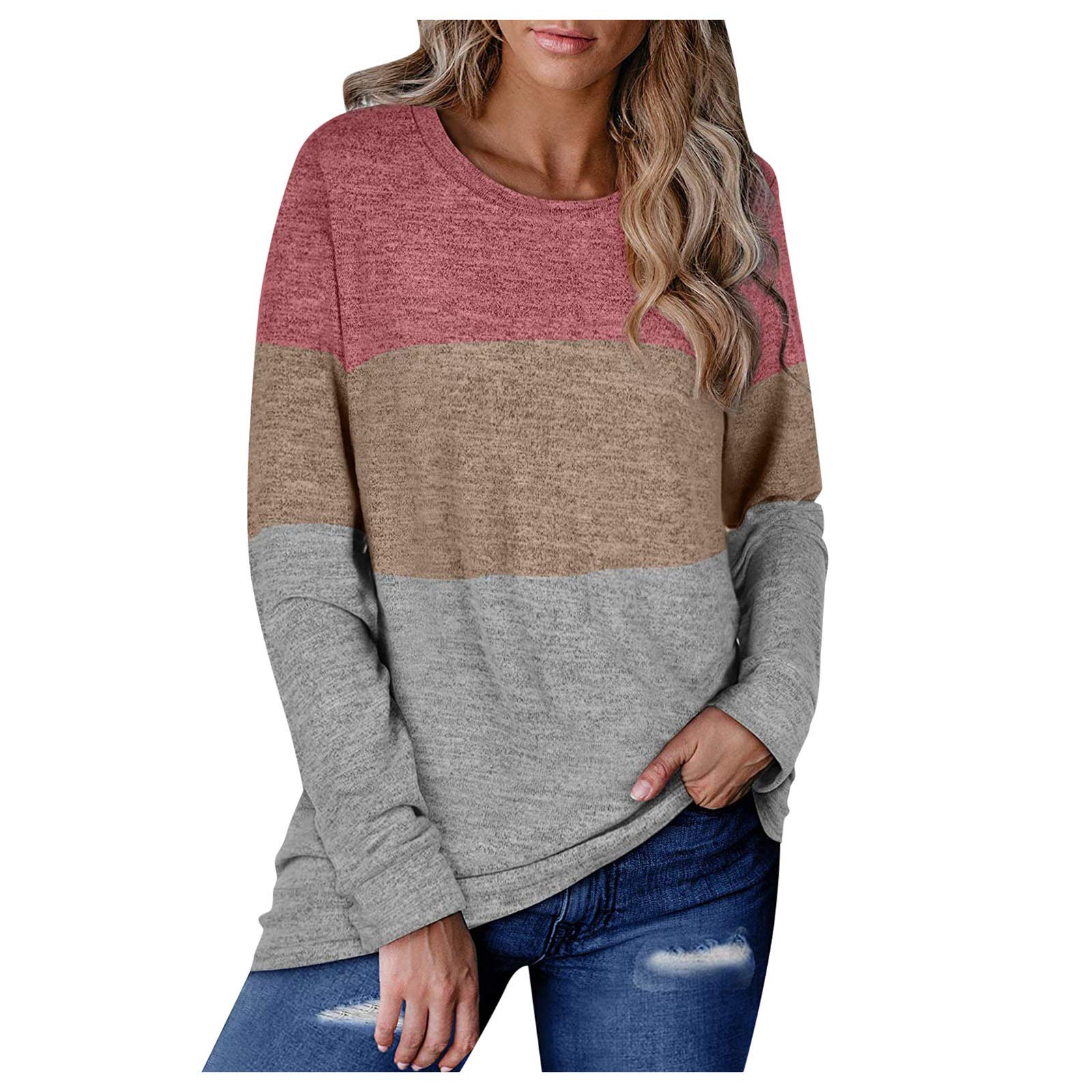 Women's Color Block Long Sleeve Round Neck Pullover Sweatshirt - Casual Comfort Tops for Fall & Winter, Gym, Workout, and Everyday Wear