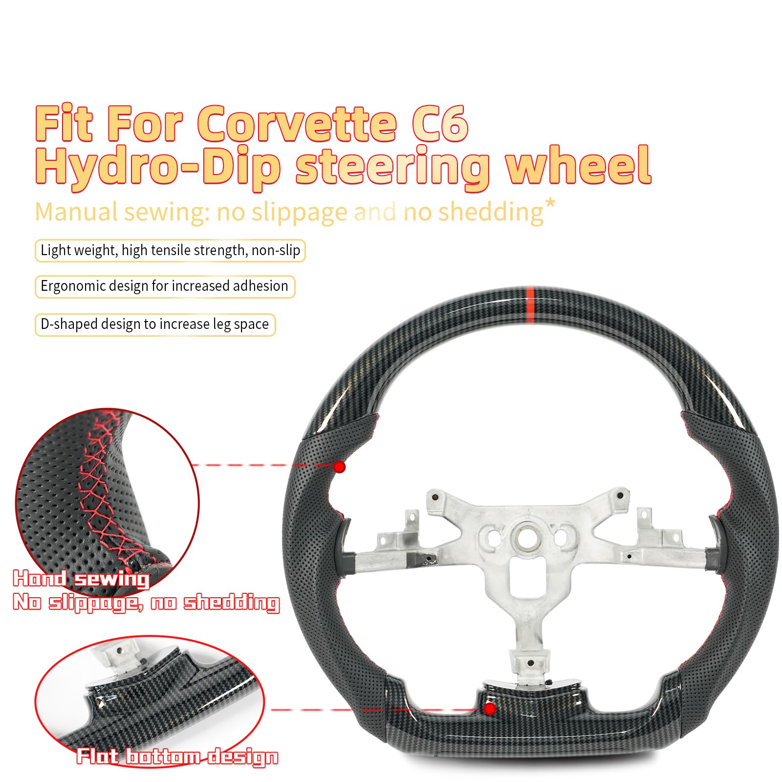 Hydro-Dip Carbon Fiber Steering Wheel - Red, Compatible with Chevy Corvette C6 2006-2011 ZR1 Z06 Models | Premium Racing Style Upgrade for Enhanced Grip & Performance | Perfect for Track Days & Custom Car Builds