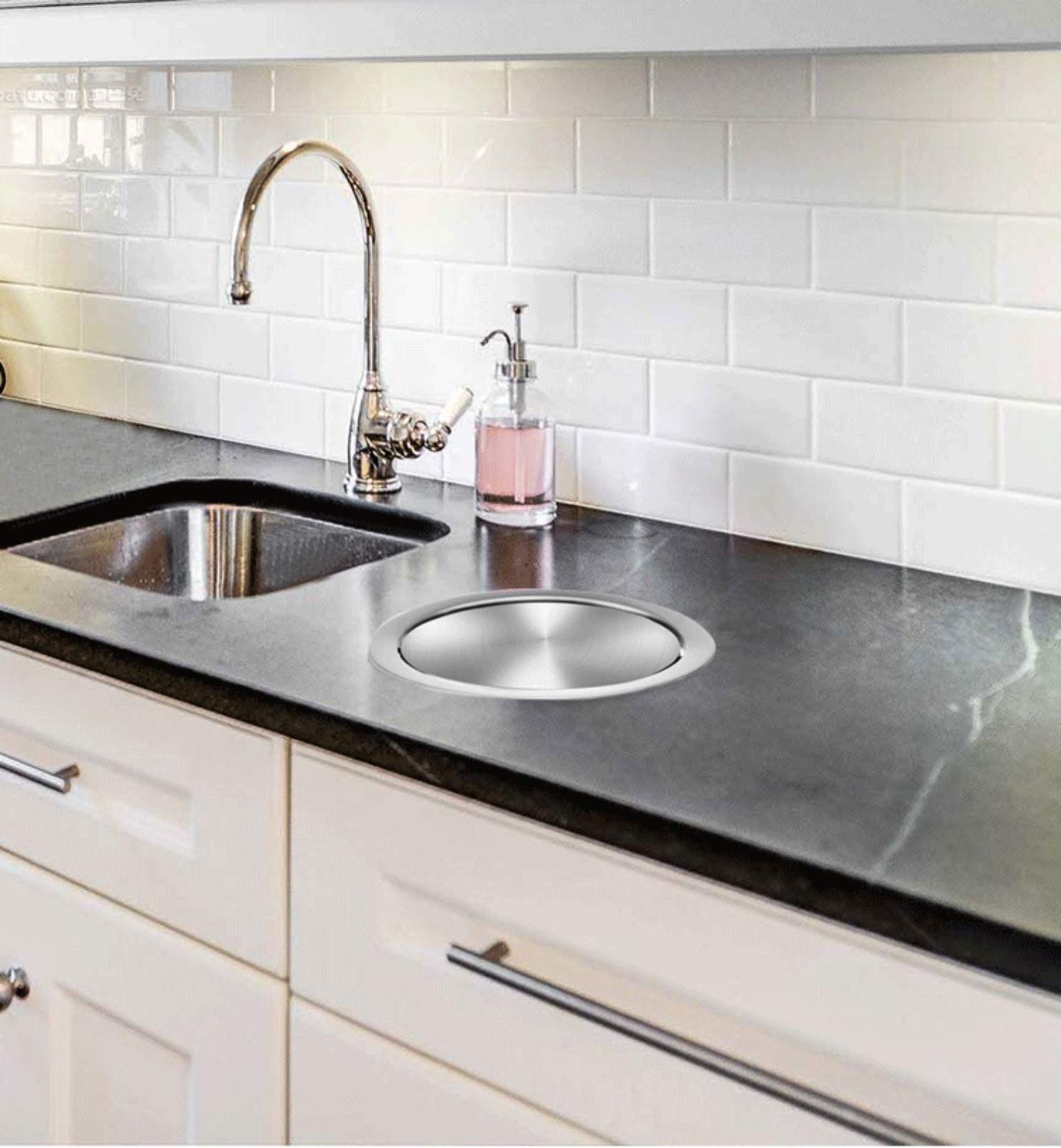 Stainless Steel Built-In Countertop Trash Bin with Balance Flap Cover - Recessed Waste Lid for Kitchen, Bathroom, Office & RV Use