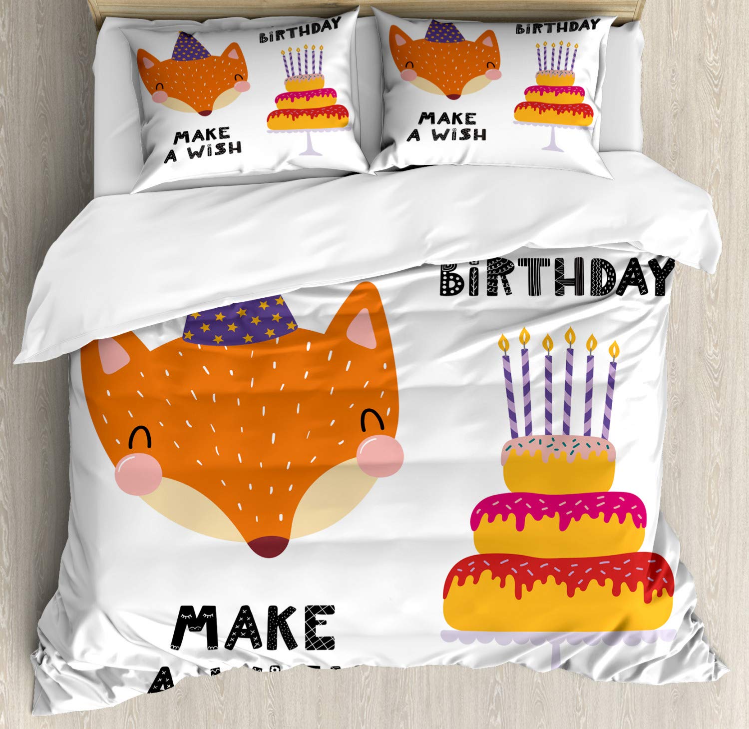 Ambesonne Fox Duvet Cover Set - Queen Size 3 Piece Bedding with 2 Pillow Shams, Cartoon Fox in Birthday Hat with 
