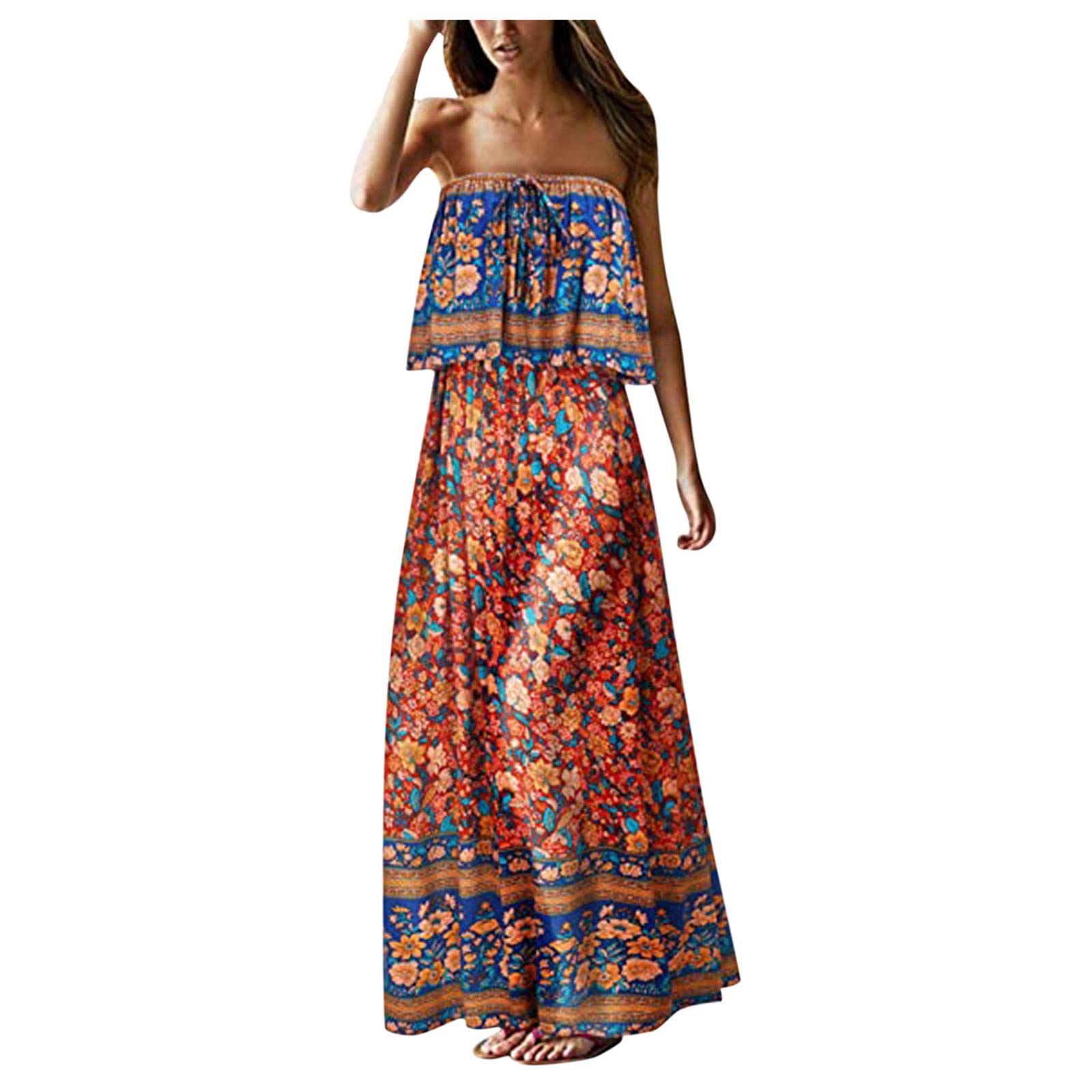 Strapless Floral Print Long Bohemian Beach Dress for Women - Summer Holiday Maxi Dress with Belt | Perfect for Beach Vacations, Pool Parties & Summer Outings