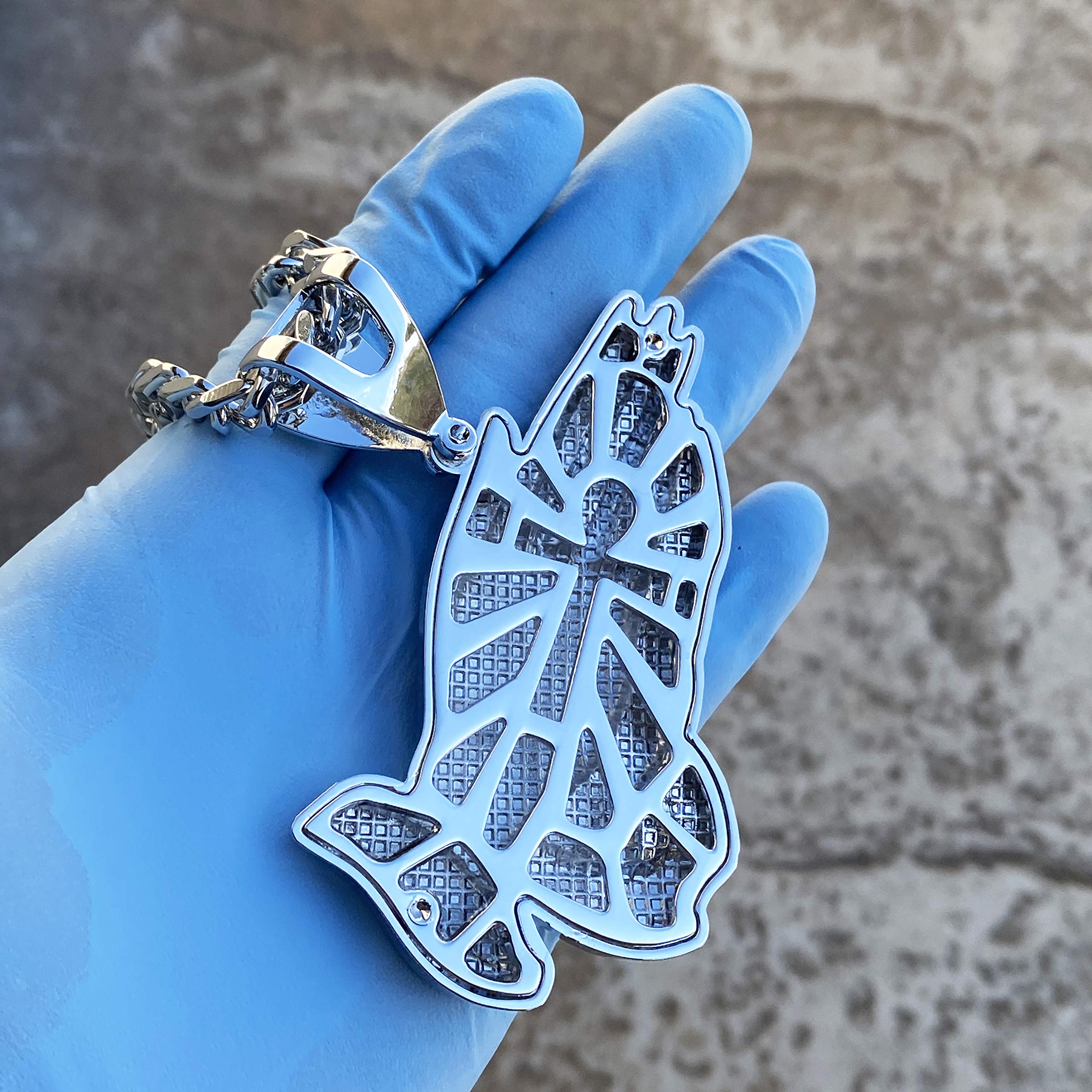 Bling Cartel Large Silver Tone Praying Hands Pendant Necklace - 30