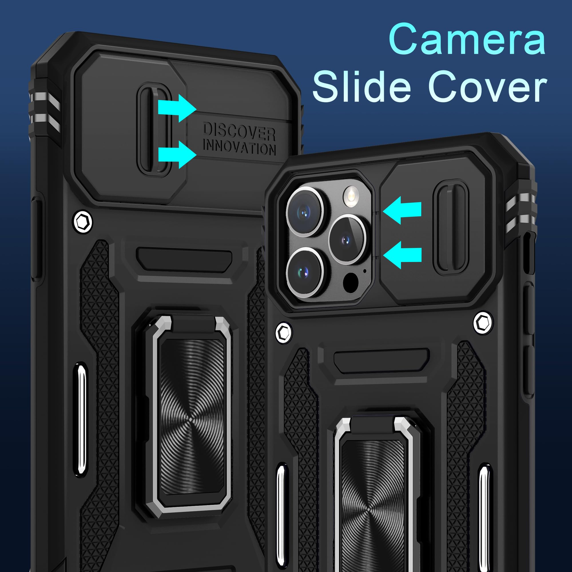 DEERLAMN iPhone 12 Pro Max Case with Slide Camera Cover & Screen Protector (6.7 Inch) - Military Grade Shockproof Protective Cover with Rotating Ring Kickstand - Black | Perfect for Outdoor Activities, Travel & Daily Protection