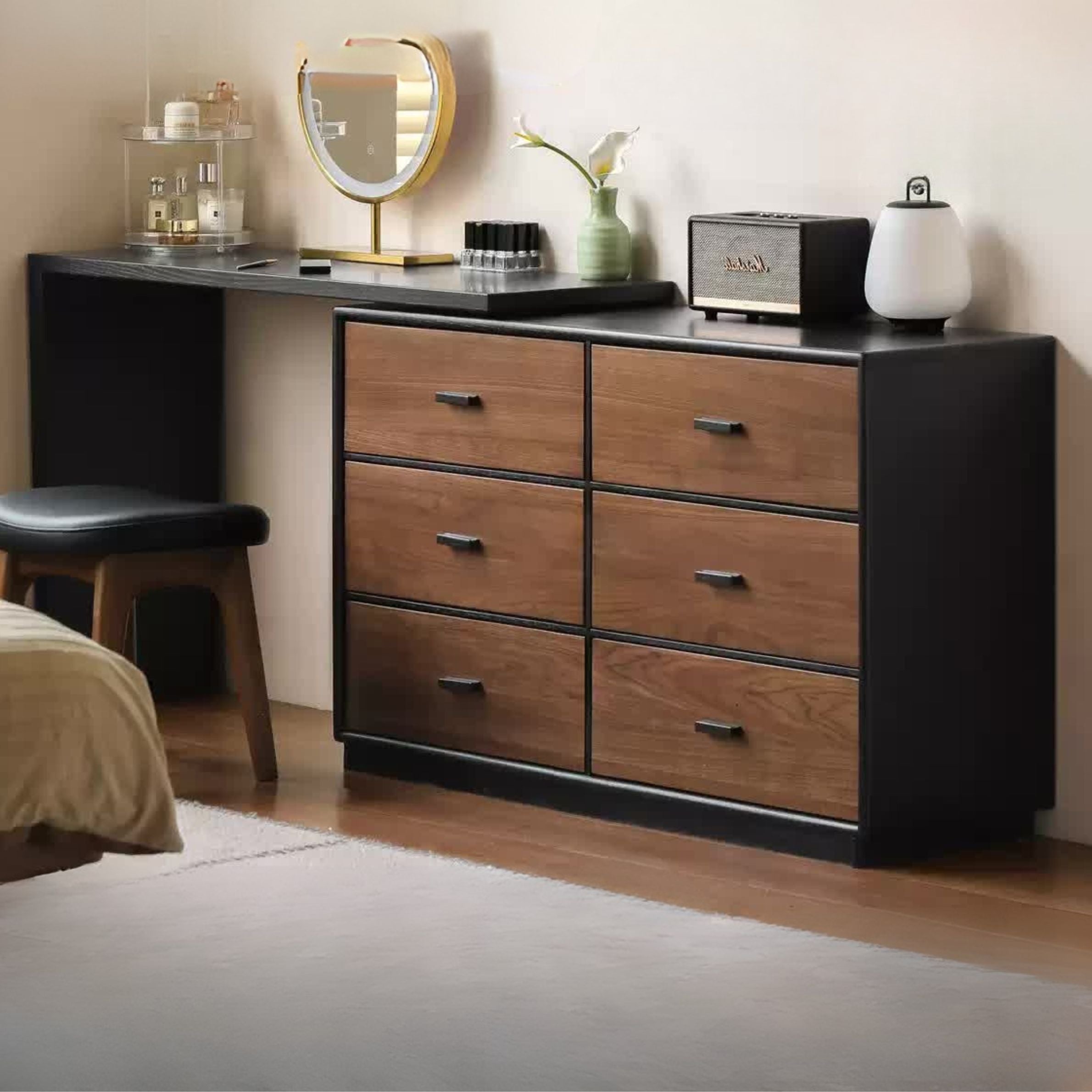 Premium Black Walnut & Oak Solid Wood Italian Vanity Dressing Table - Elegant Light Luxury Makeup Desk for Bedroom, Boudoir, and Master Bathroom