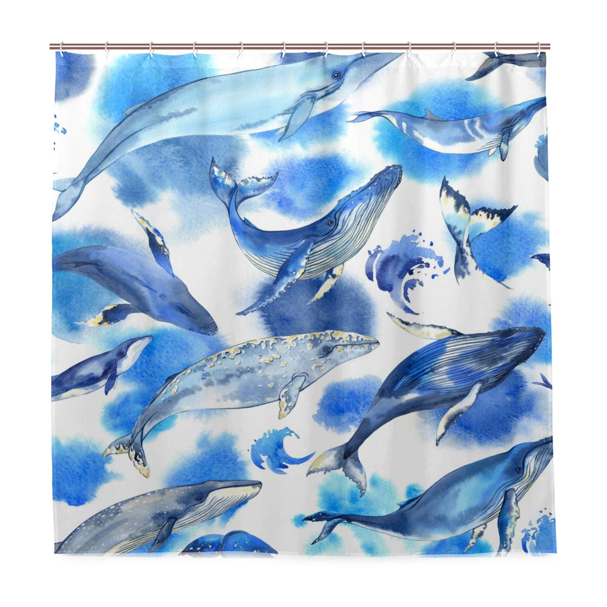 Watercolor Whales Bath Shower Curtain 72x72 Inches - Waterproof Fabric with Hooks, Bathroom Decor for Apartment & Home | Perfect for Kids' Bathrooms, Beach-Themed Decor, and Coastal Style Homes
