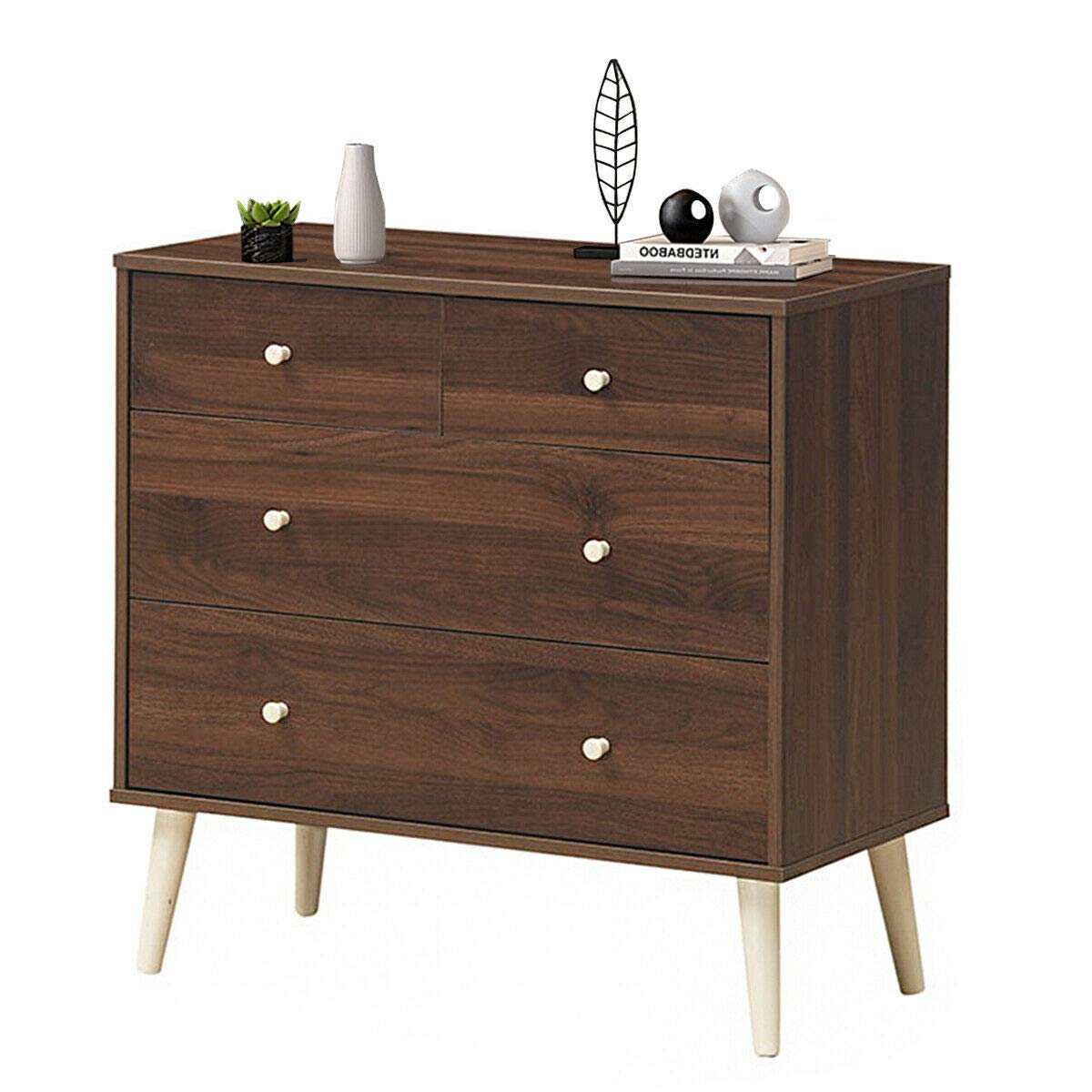 Giantex 4-Drawer Wooden Dresser with Sliding Rails - Free Standing Storage Cabinet for Bedroom, Living Room & Hallway - Coffee Brown Finish - Perfect for Clothes, Blankets & Home Organization