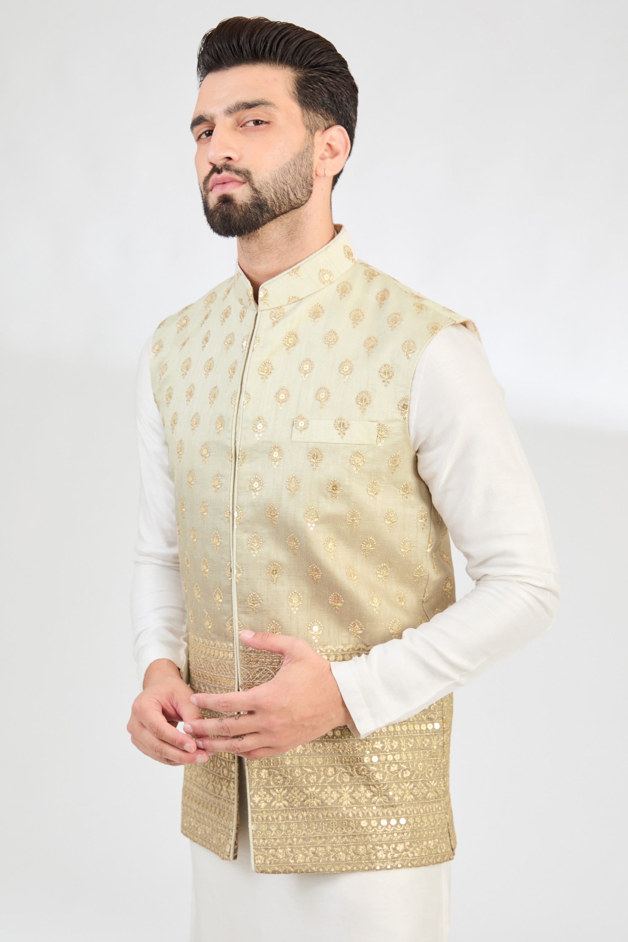 Elegant Ombre Nude Grey Nehru Jacket with Zari Embroidery - Perfect for Weddings & Festive Occasions   Stylish Ombre Coral Peach Nehru Jacket with Zari Embroidery - Ideal for Parties & Cultural Events