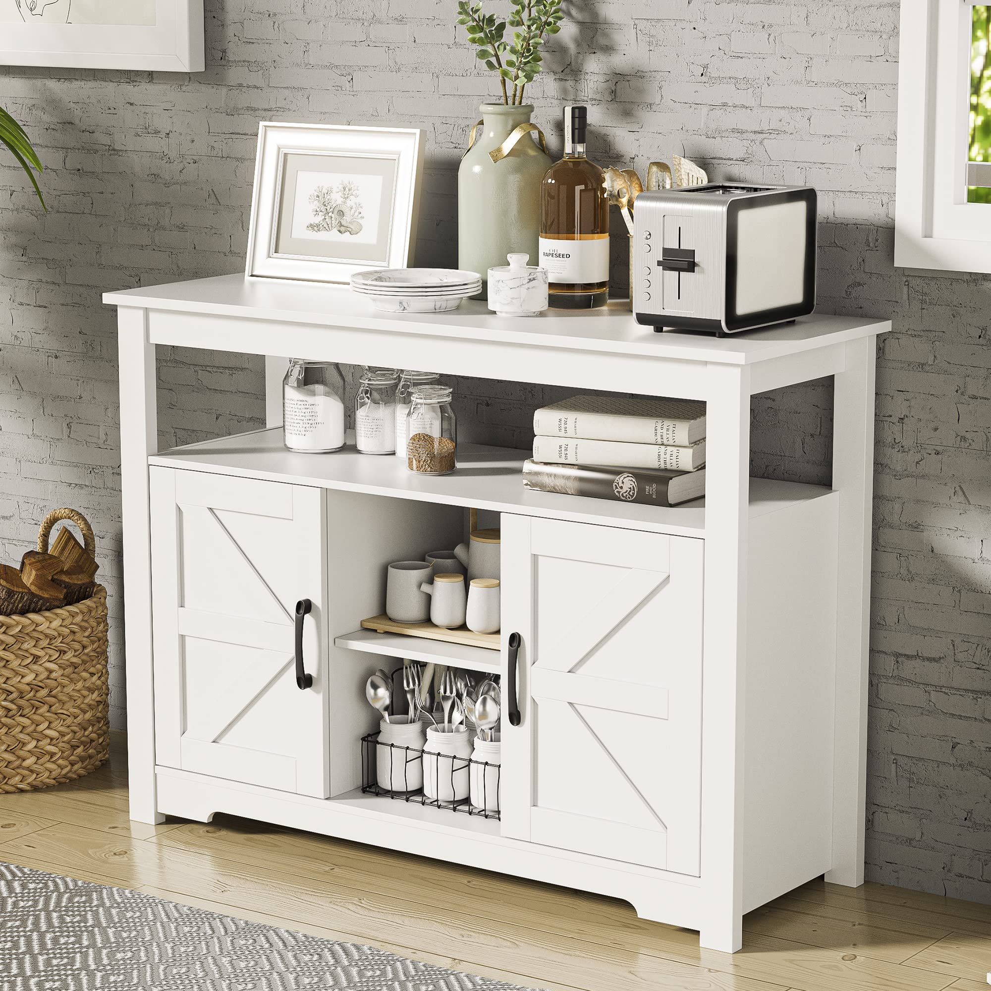 Cozy Castle Farmhouse Kitchen Buffet Storage Cabinet with Doors & Adjustable Shelves - White Sideboard for Dining Room, Living Room, Entryway | Perfect as Coffee Bar, Liquor Cabinet & Kitchen Storage Organizer