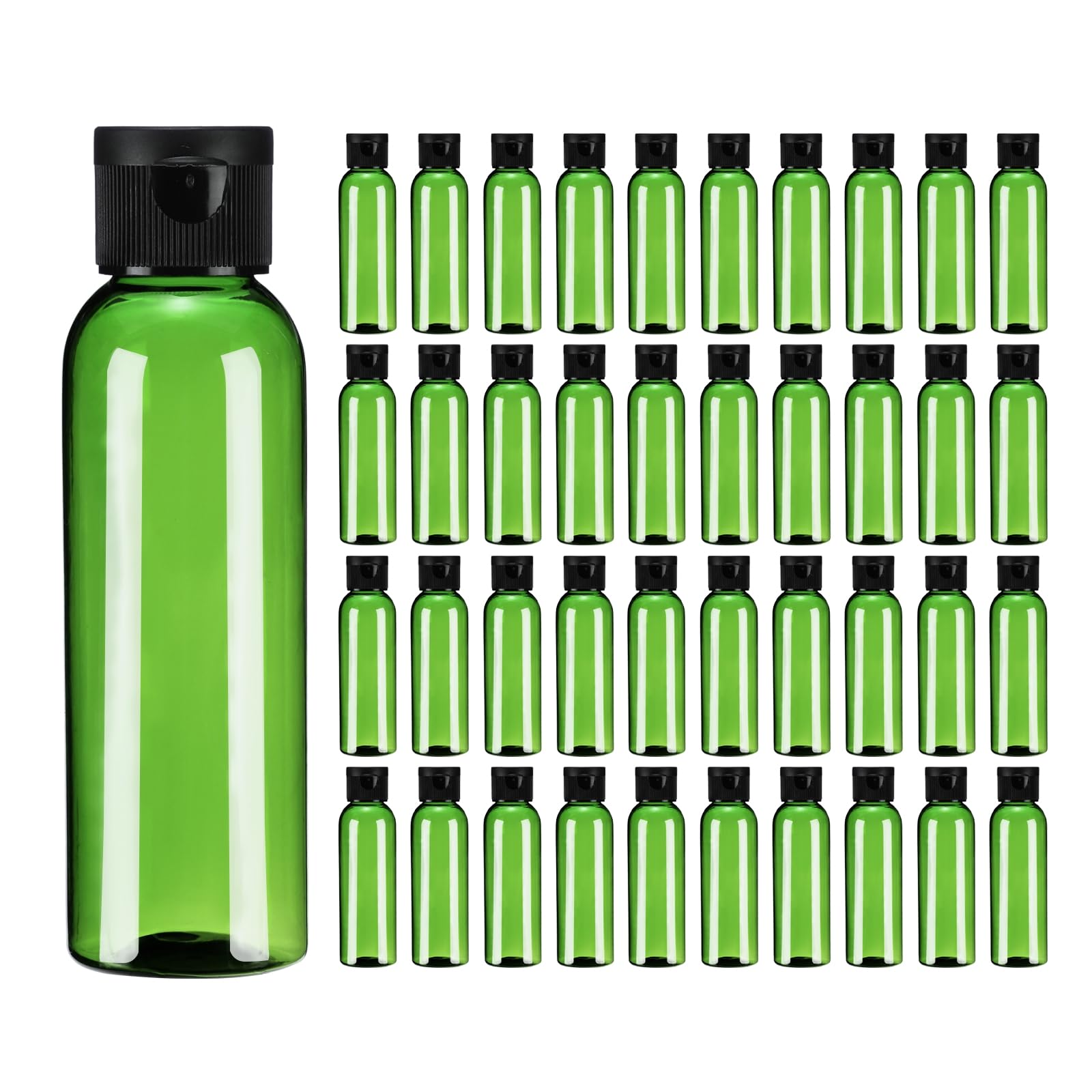 uxcell 2 Oz (60ml) Plastic Travel Bottles with Flip Top Caps - 100 Pack Reusable Refillable Squeeze Containers for Shampoo, Body Wash, Lotion & Cosmetics - Perfect for Travel, Gym, Camping & Toiletry Organization (Green & Black)