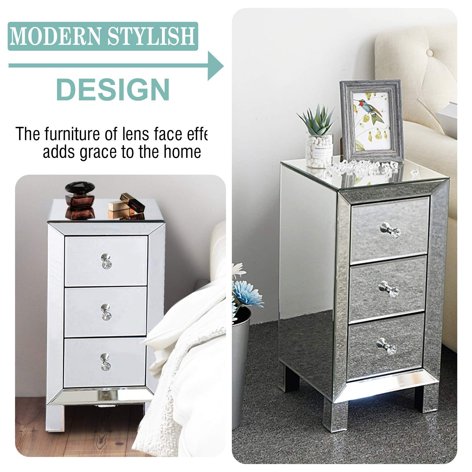 Modern Mirrored 3-Drawer Nightstand with Crystal Knobs - Bedroom & Living Room Storage