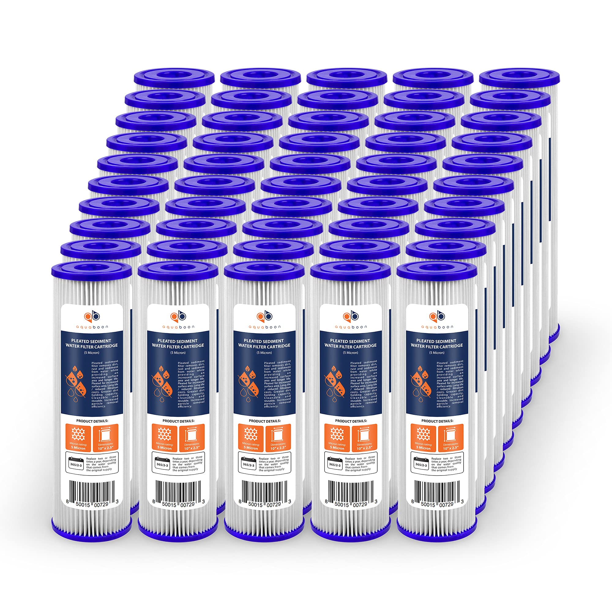 Aquaboon 10x2.5 Inch 5 Micron Whole House Pleated Sediment Water Filter Cartridge - 50 Pack Replacement for Well Water Systems, Compatible with WFPFC3002 & WHKF-WHPL - Perfect for Home Water Filtration and Sediment Removal