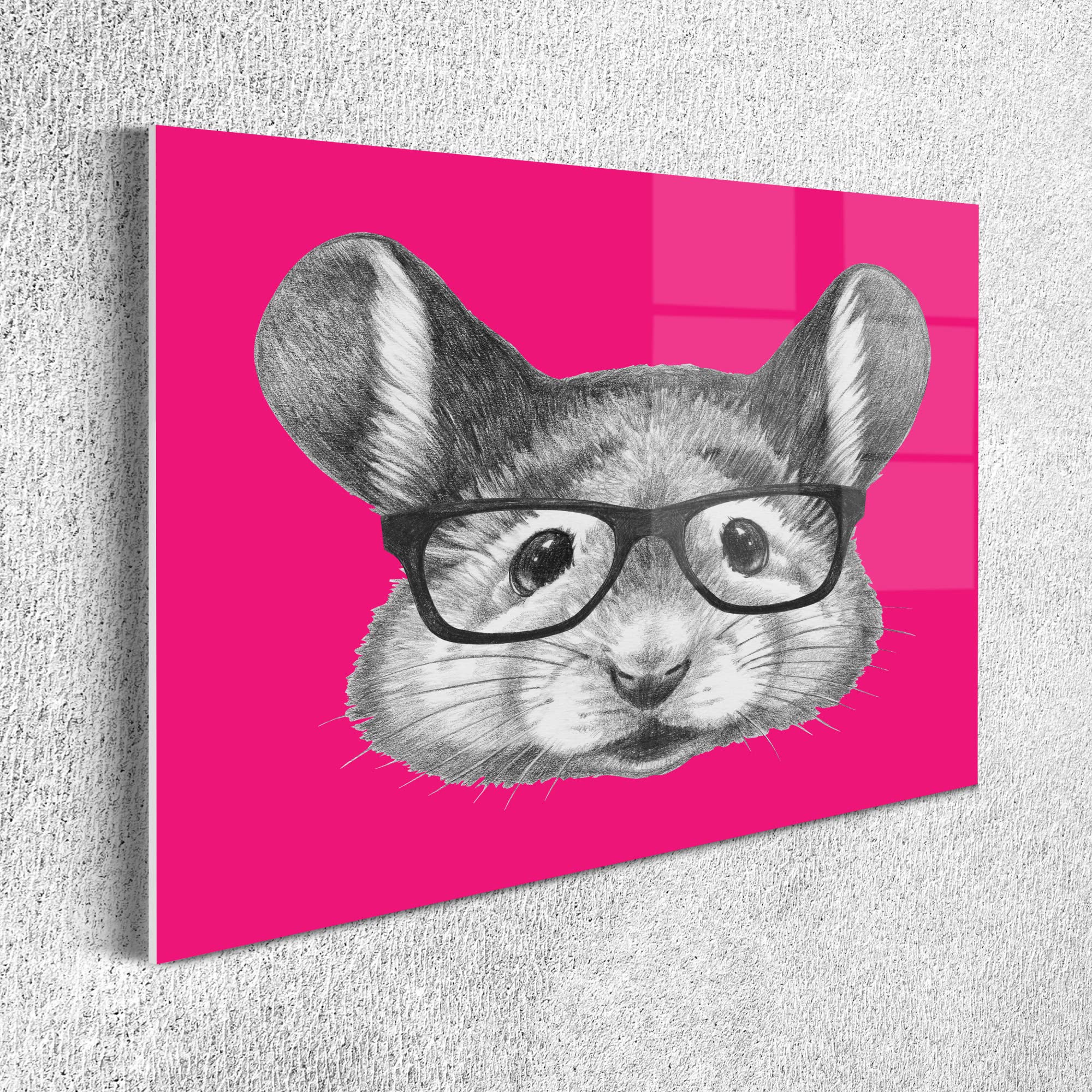 Ambesonne Funny Hipster Mouse Wall Art - Acrylic Glass Painting with Nerd Glasses Sketch on Magenta Background, Modern Home Decor for Living Room, Bedroom & Dorm (26.3 x 19.6 Inches, Hot Pink/Grey) - Perfect for Animal Lovers & Unique Gift Ideas