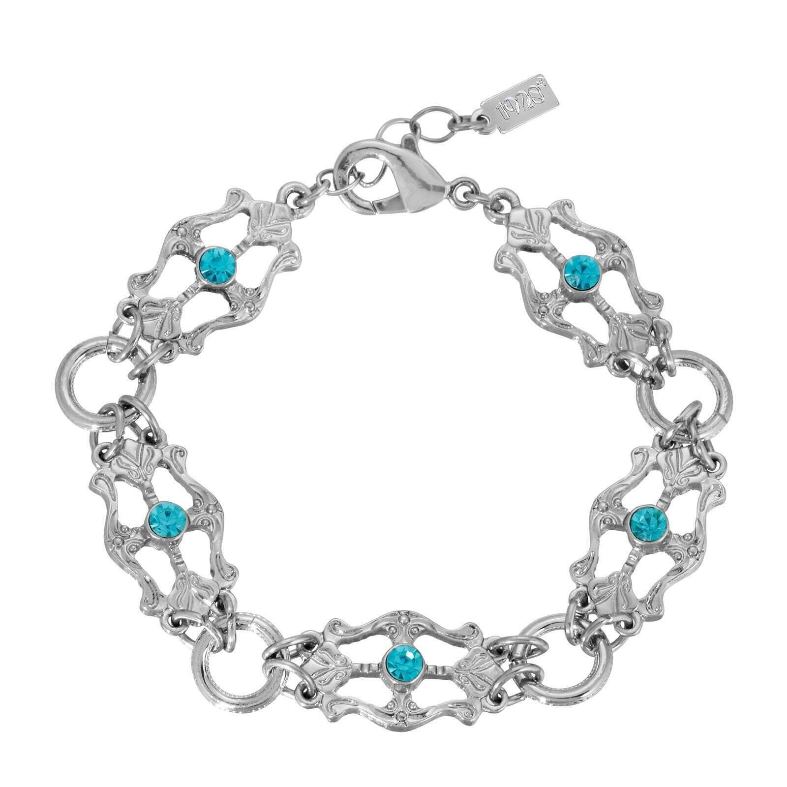 1928 Art Deco Style Aqua Blue Crystal Link Bracelet - Vintage Jewelry for Women, Elegant Gift for Parties & Special Occasions
