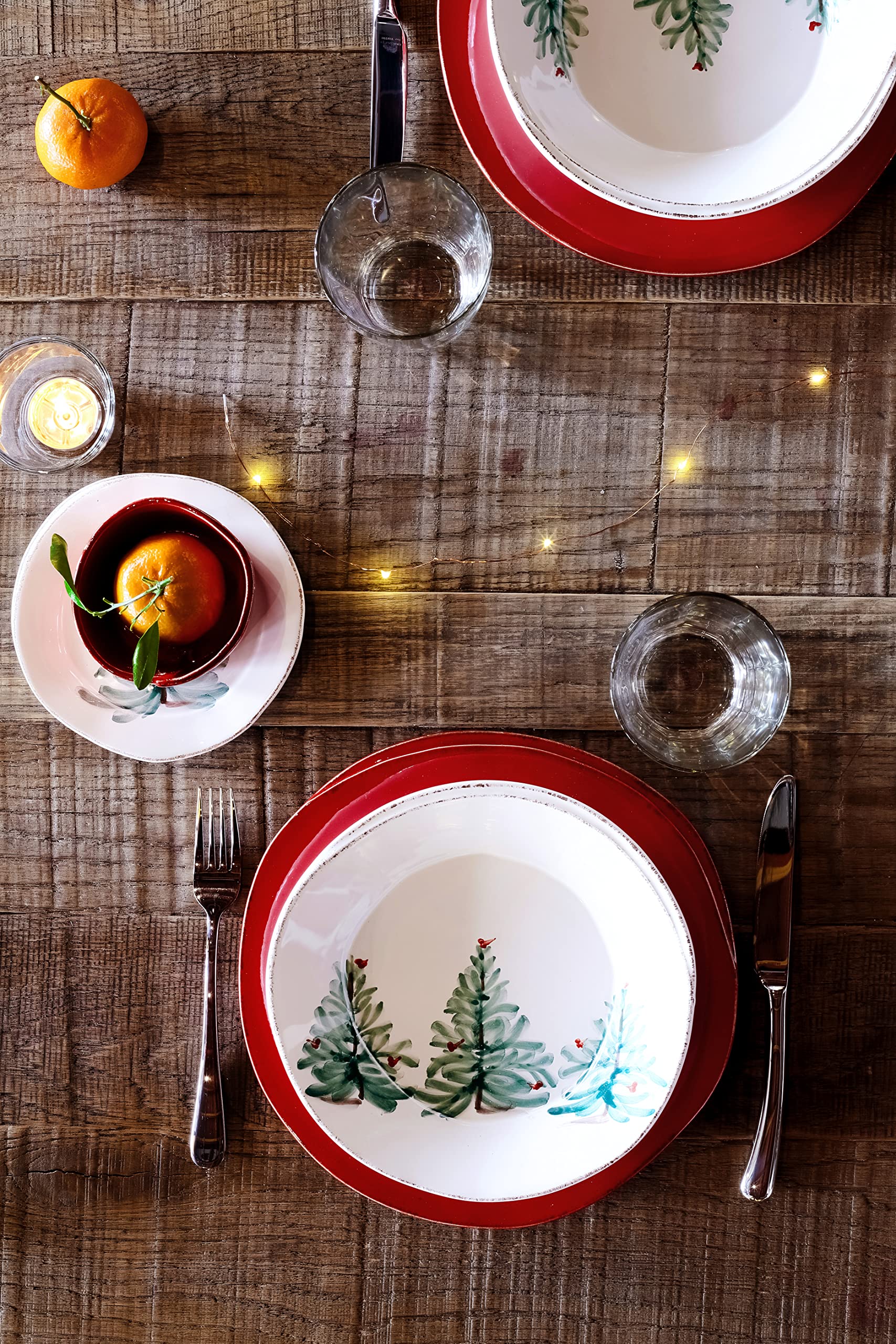 Vietri Lastra Holiday White and Green 4-Piece Dinnerware Set - Ceramic Bowls & Plates for Cereal, Pasta, Salad & Dinner | Elegant Table Setting for Holidays & Special Occasions