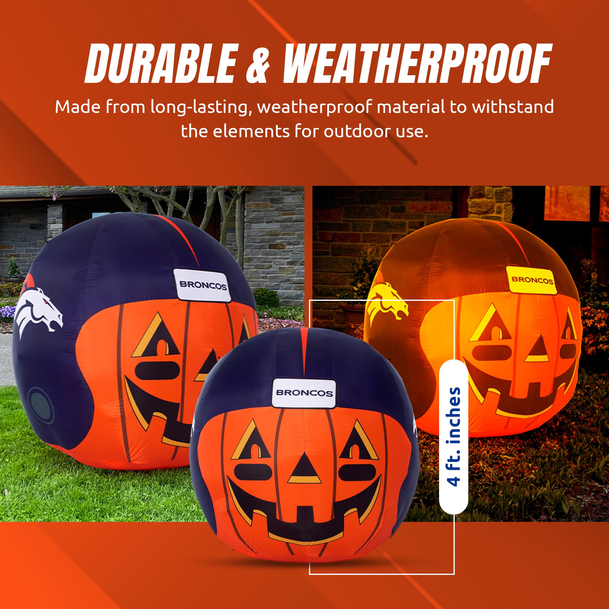 NFL Denver Broncos 4ft LED Light-Up Inflatable Jack-O’-Helmet with Built-in Blower - Halloween Yard Decoration for Lawn, Front Yard, Backyard & Football Party Decor