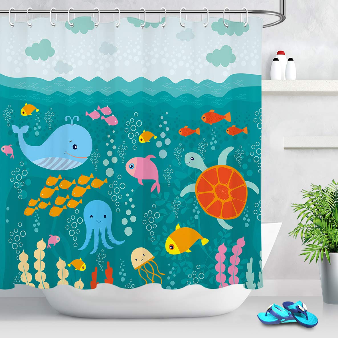 Cartoon Ocean Animal Shower Curtain - Starfish Whale Octopus for Kids Bathroom Decor, 72x72
