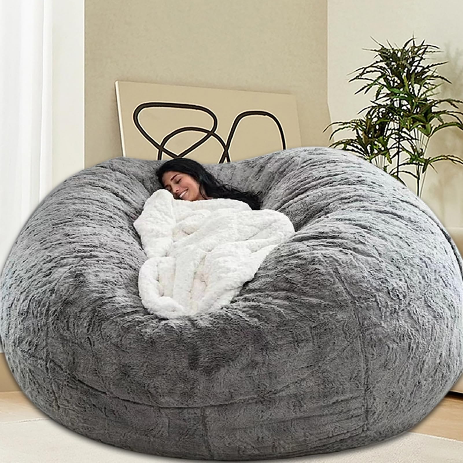 7FT Giant Round Bean Bag Chair for Adults & Kids - Fluffy, Comfy, No Filling Required - Grey Lazy Sofa Cover for Reading, Floor Lounging, Gaming & Relaxation