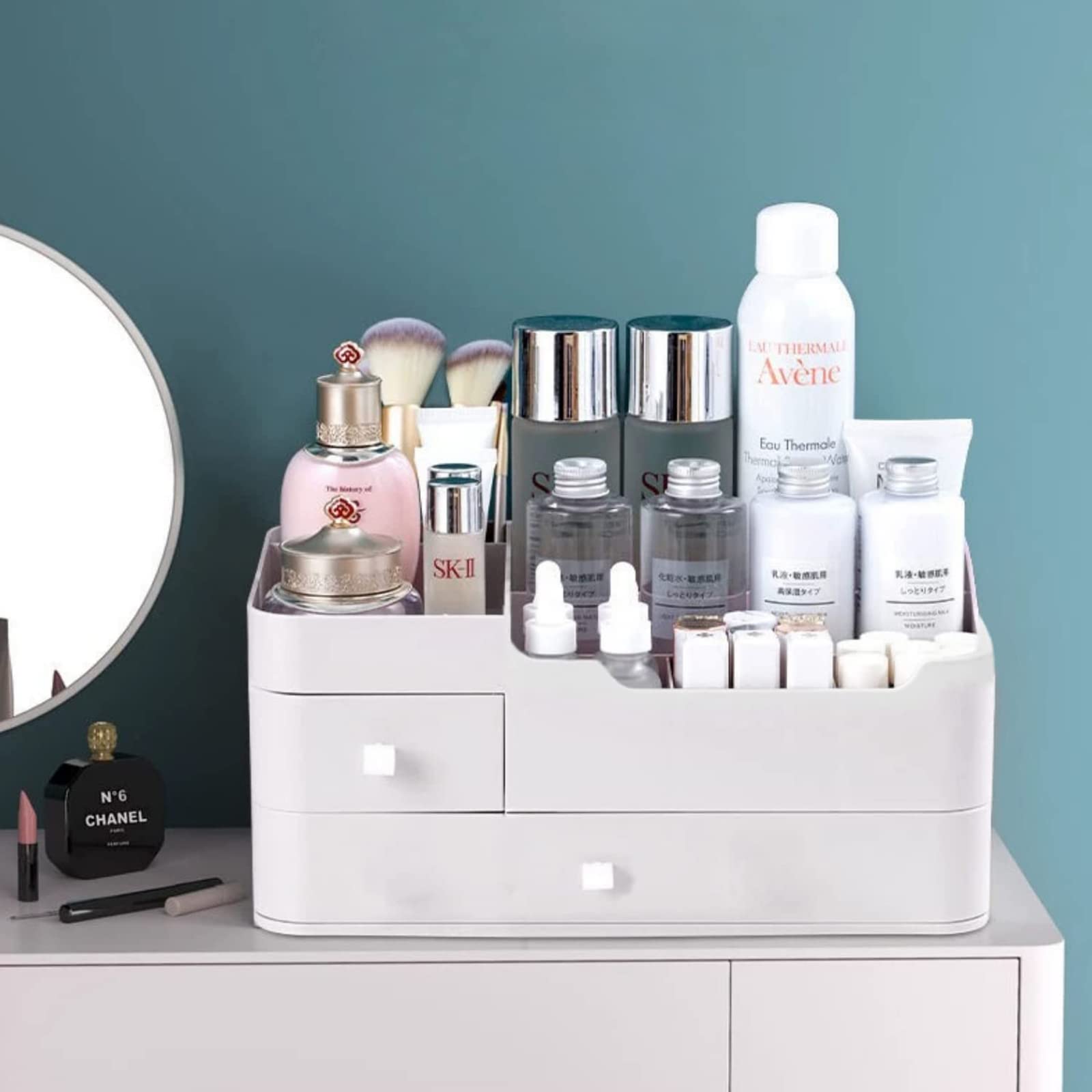 LtyTz Makeup Organizer with Drawers - Cosmetic Storage Box for Brushes, Eyeshadow, Lipstick, Nail Polish & Skincare - Perfect for Vanity, Dresser & Bathroom Countertop Organization (White)