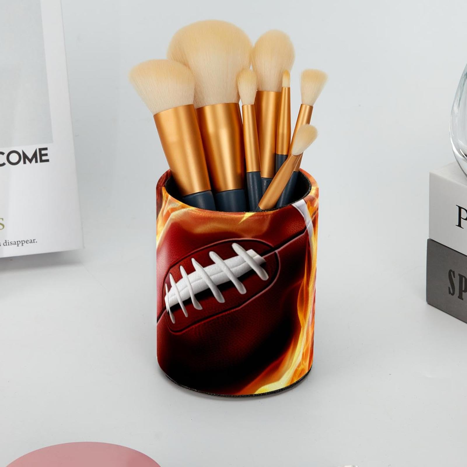 Desk Pen Holder & Pencil Organizer - American Football & Fire Design Office Supplies for Home, School, and Workplace Organization