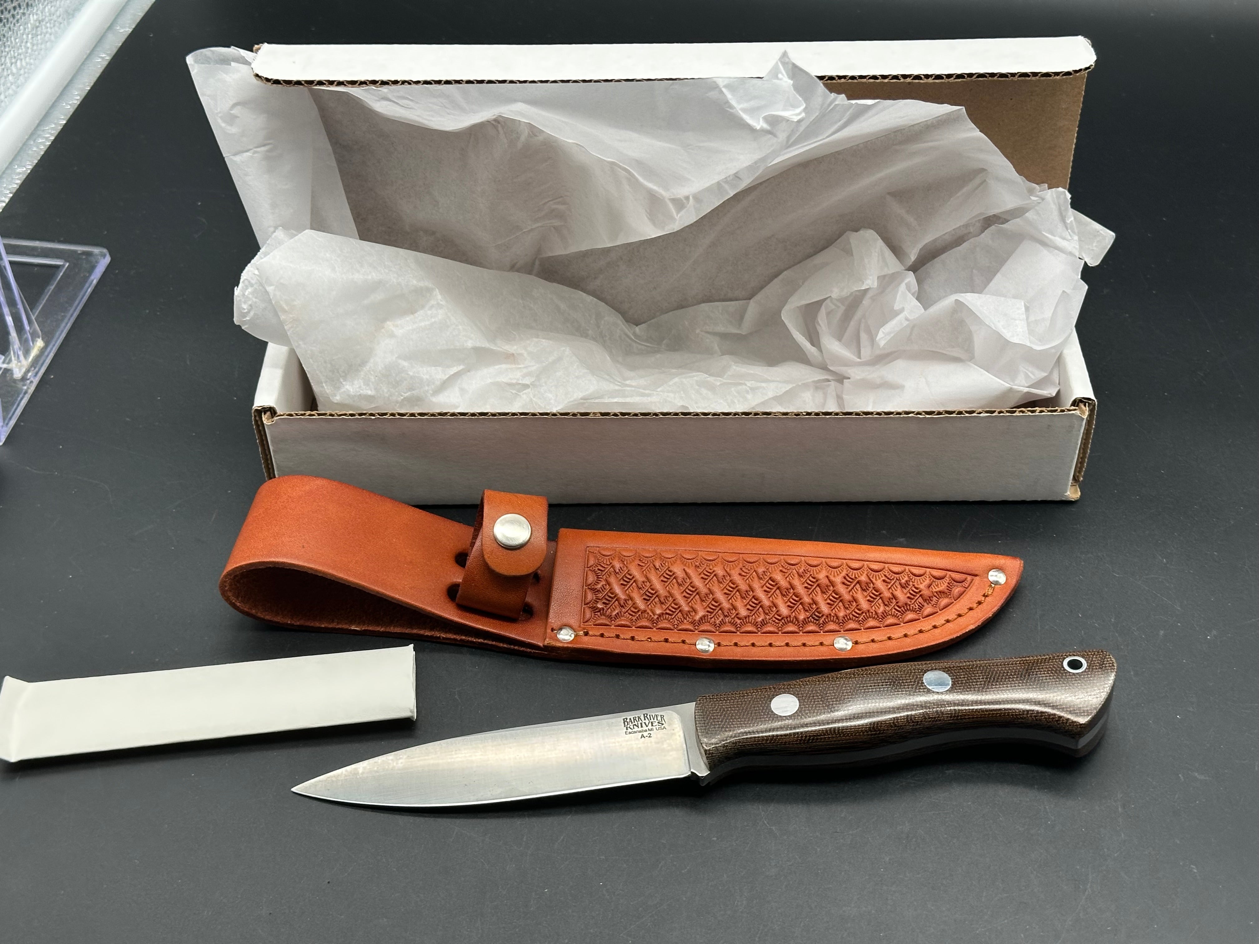 Bark River Aurora Knife with Green Canvas Micarta Scales & A2 Tool Steel Blade - Hunting, Camping, Outdoor Survival Gear with Brown Leather Sheath