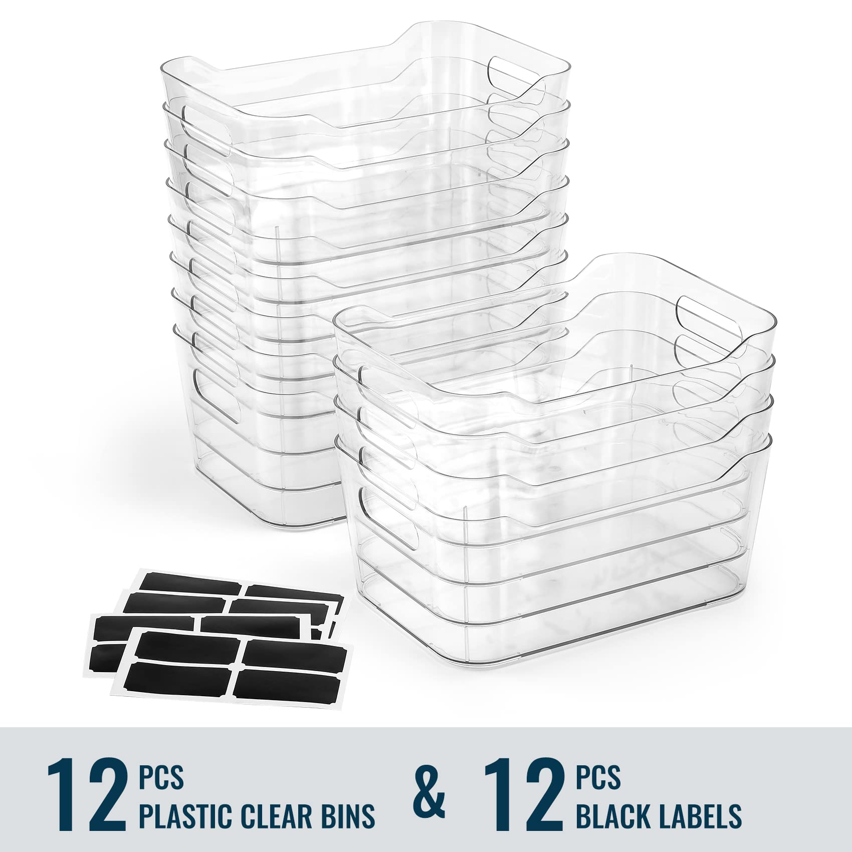 12-Pack Clear Plastic Storage Bins with Labels - Multi-Purpose Organizer for Home, Kitchen, Bathroom, Office & Pantry - SOHO Collection - Perfect for RV, Fridge & Cabinet Shelf Organization (Great for Decluttering & Space Saving)