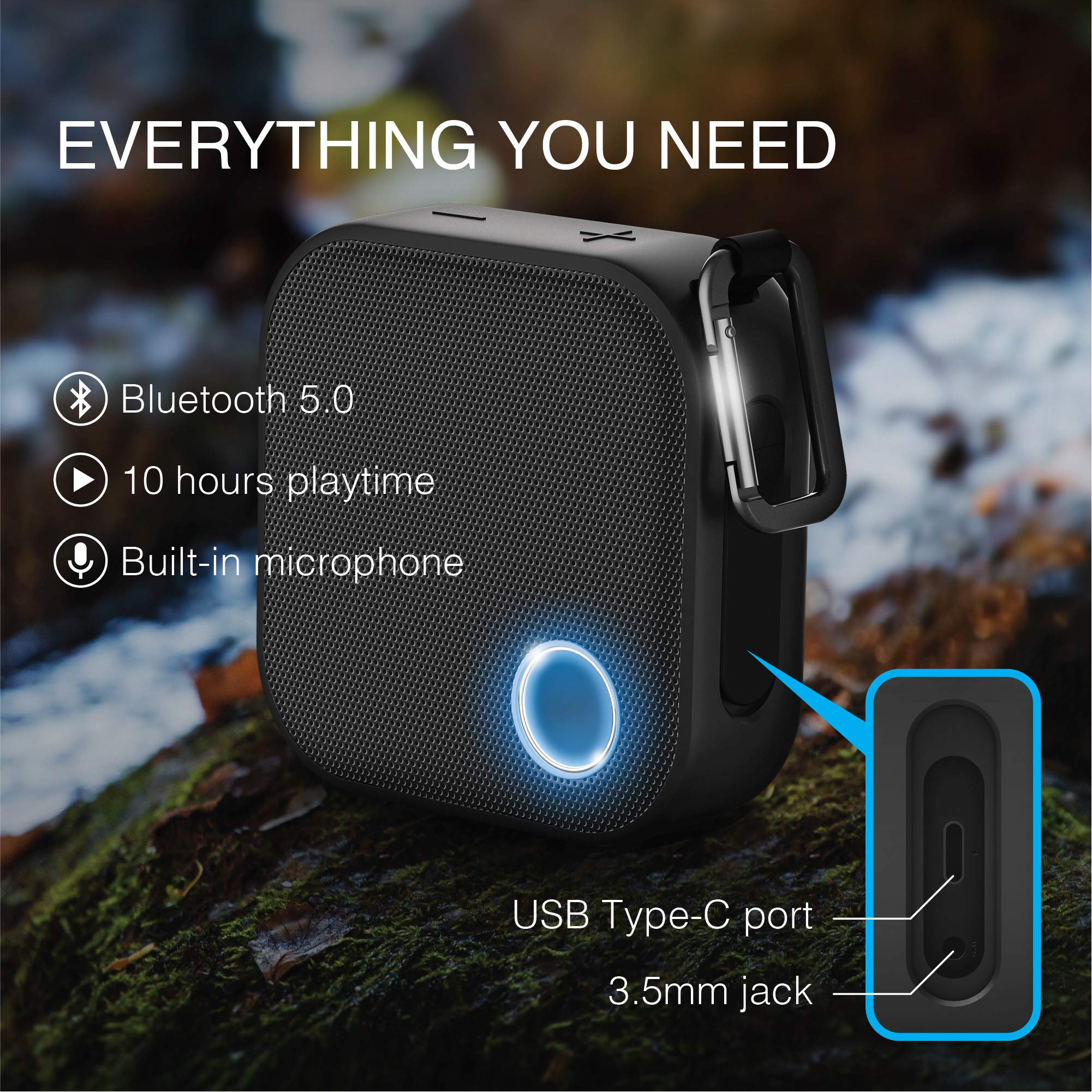Brookstone IPX7 Waterproof Bluetooth Speakers, Portable Wireless Speaker with Carabiner Clip, Tap to Link Multi-Room Audio, Ideal for Outdoor Adventures, Home Office, and Desktop Monitor Setup