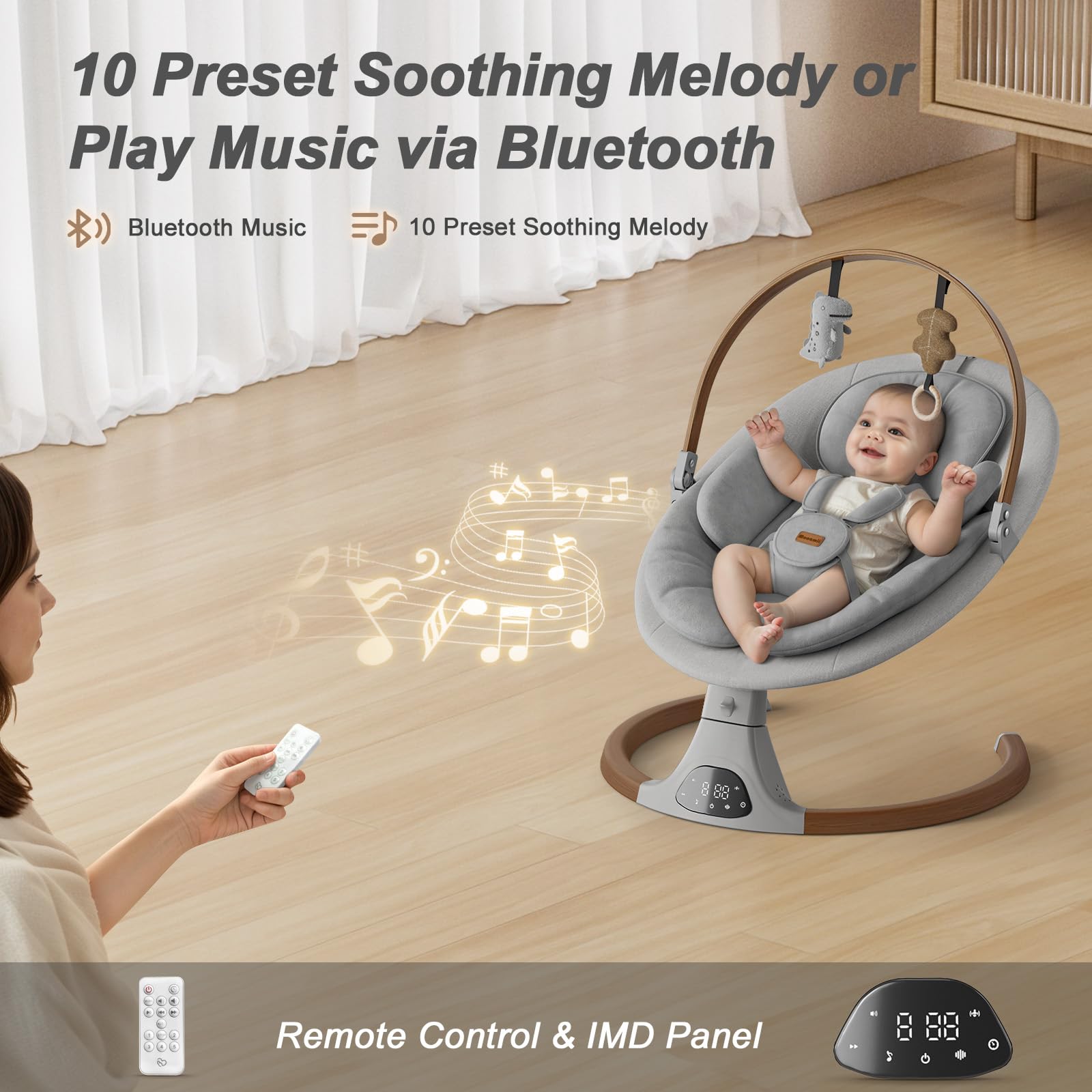 Monamii Bluetooth Baby Swing with Music Speaker - 5 Speed Adjustable, Remote Control, Portable Infant Swing for Indoor & Outdoor Use - Perfect for Nursery, Travel & Soothing Fussy Babies (Light Grey)