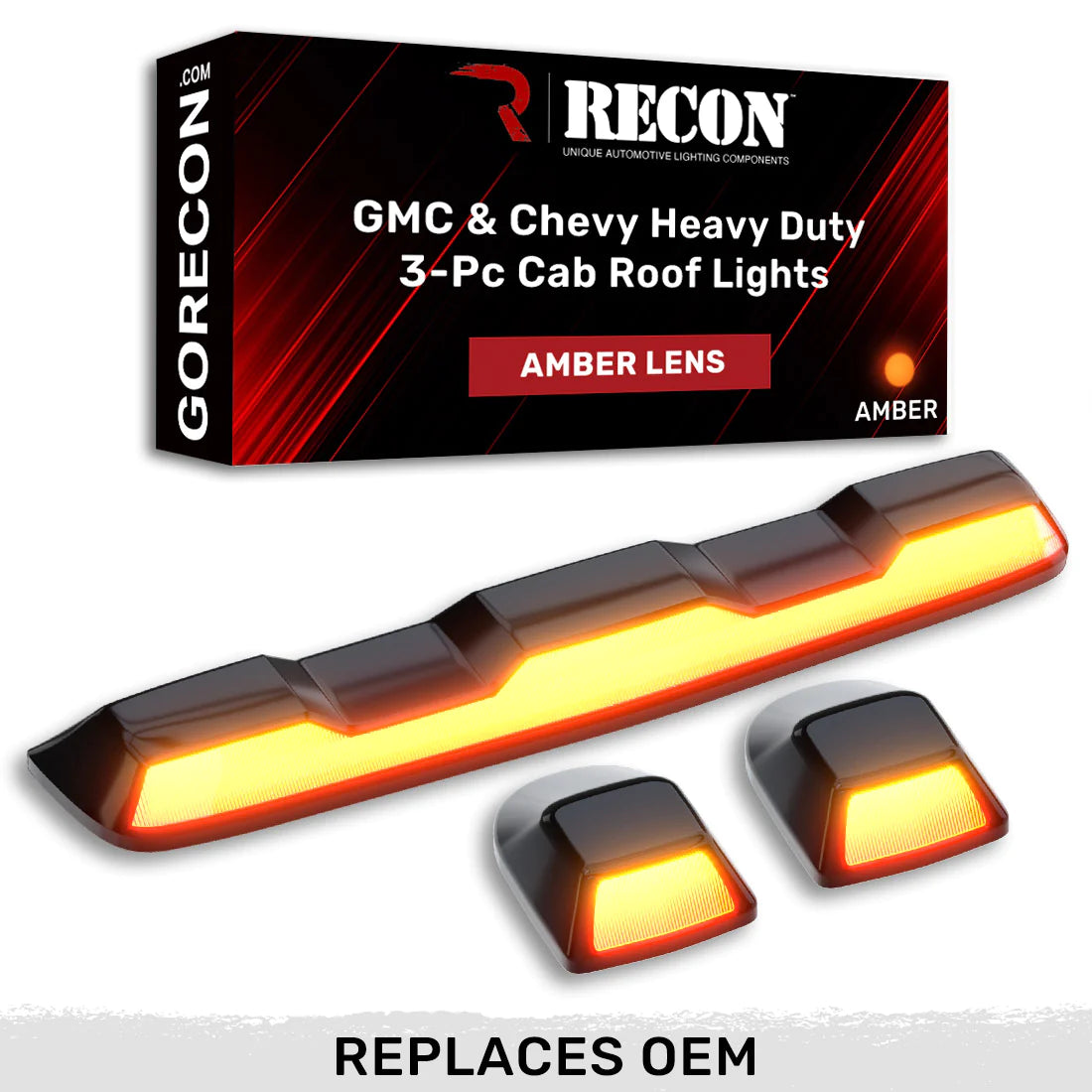 GMC & Chevy 20-24 4th Gen Heavy Duty 3-Piece Amber Cab Roof Light Lens with LED - OEM Replacement for Truck Cab Lights - Perfect for Off-Roading, Night Driving & Emergency Vehicles