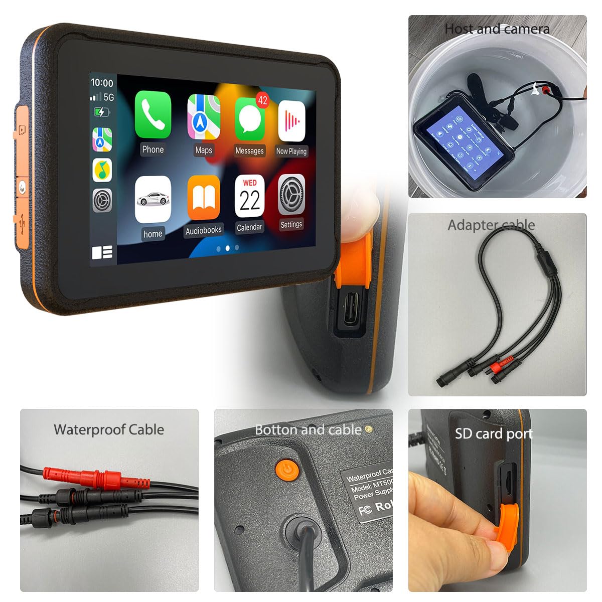 Motorcycle CarPlay Android Auto GPS Navigation System with Dual 1080p DVR Cameras, Bluetooth, WiFi, Waterproof Design & 1000mAh Battery - Handlebar Mount (Yellow) for Adventure Riding & Commuting
