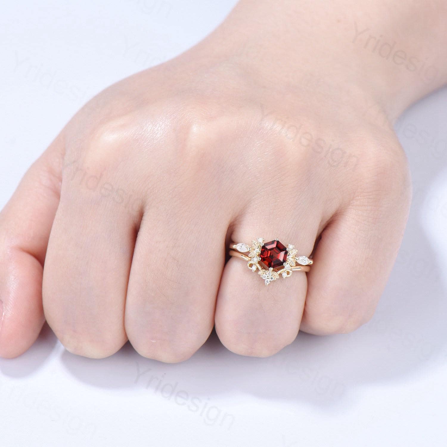 14K Yellow Gold Hexagon Garnet Engagement Ring Set - Nature Inspired Leaf Vine Wedding Band - January Birthstone Jewelry for Women - Perfect for Proposals, Anniversaries & Special Occasions
