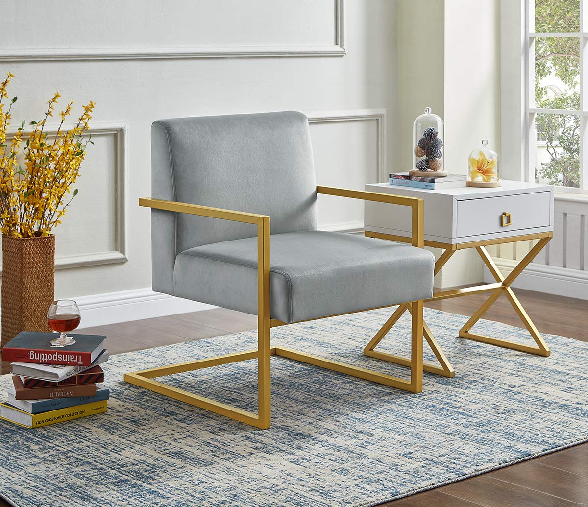 24K Gold Accent Chair with Velvet Cushion & Square Armrests - Modern Metal Frame in Golden Finish - Comfortable Lounge Chair for Living Room, Bedroom or Office Decor