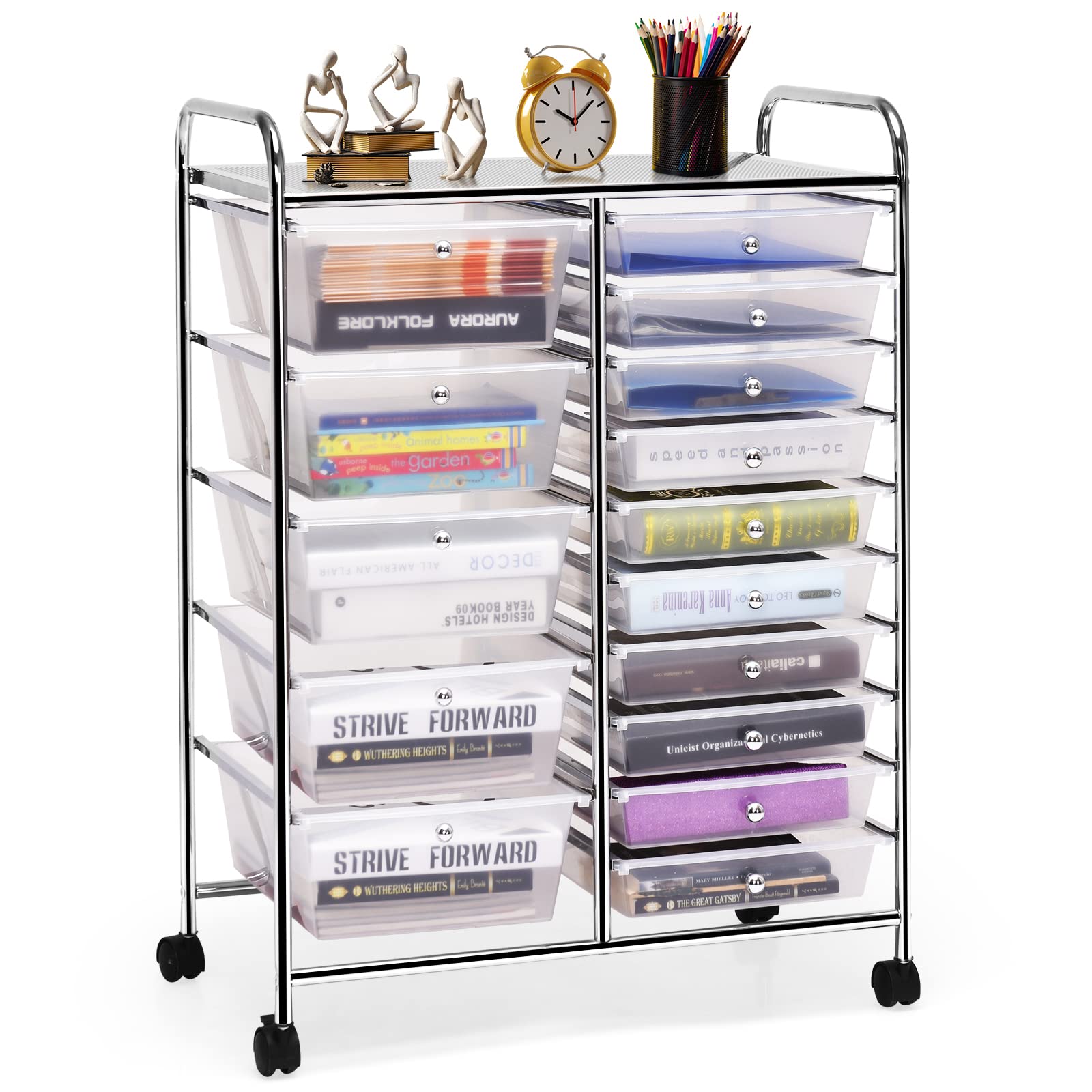 COSTWAY 15-Drawer Rolling Storage Cart with Removable Drawers & Sturdy Metal Frame | Multipurpose Mobile Organizer for Tools, Office Supplies & Paper | Perfect for Home, Office & Workshop Organization (Transparent)