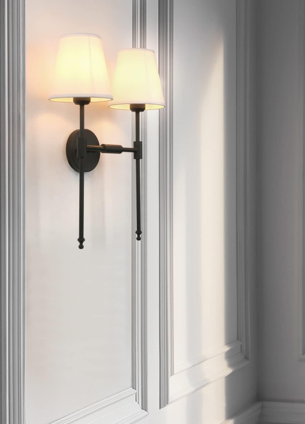 PERMO Classic Rustic Double Sconce Wall Light - 2-Light Black Arm Fixture with White Flared Fabric Shade - Perfect for Bathroom, Bedroom, Bedside & Hallway Lighting